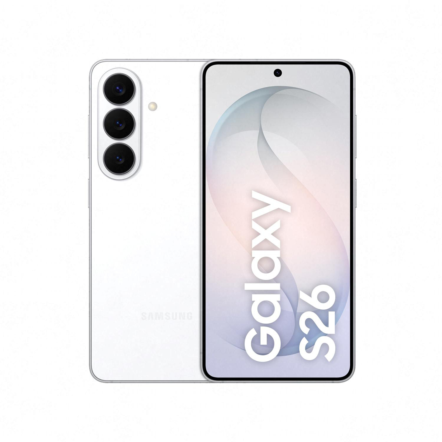 Ein weißes Samsung Galaxy S26 Smartphone mit drei Kameras auf der Rückseite.