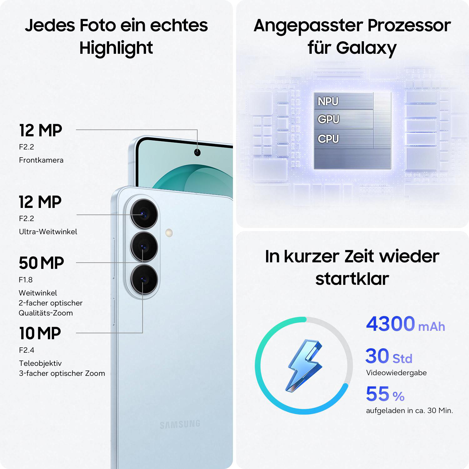 Samsung Handy mit Kamera-Details: 12MP Front, 12MP Ultra-Weitwinkel, 50MP Weitwinkel, 10MP Teleobjektiv.