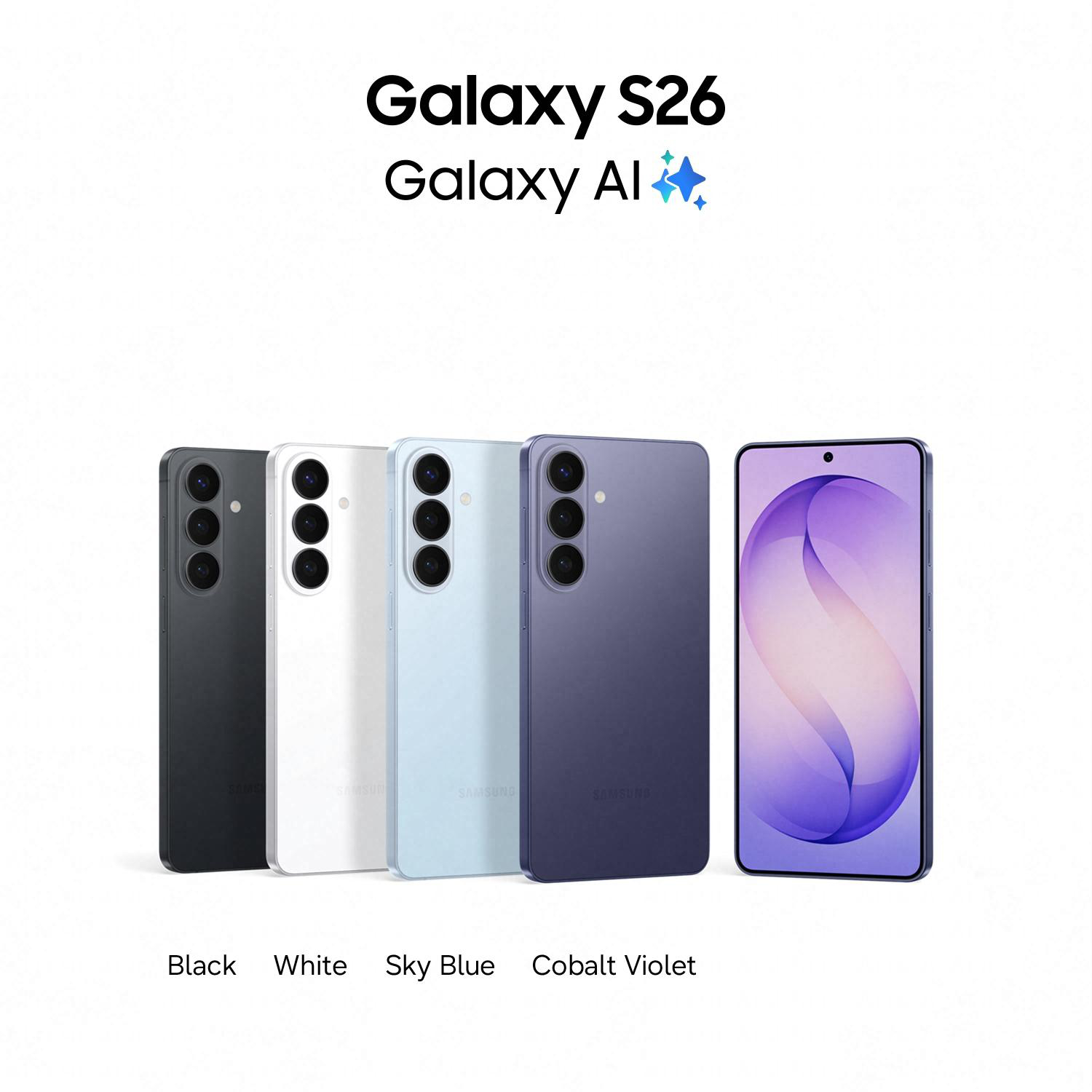 Vier Samsung Galaxy S26-Handys in Schwarz, Weiß, Himmelblau und Kobaltviolett.