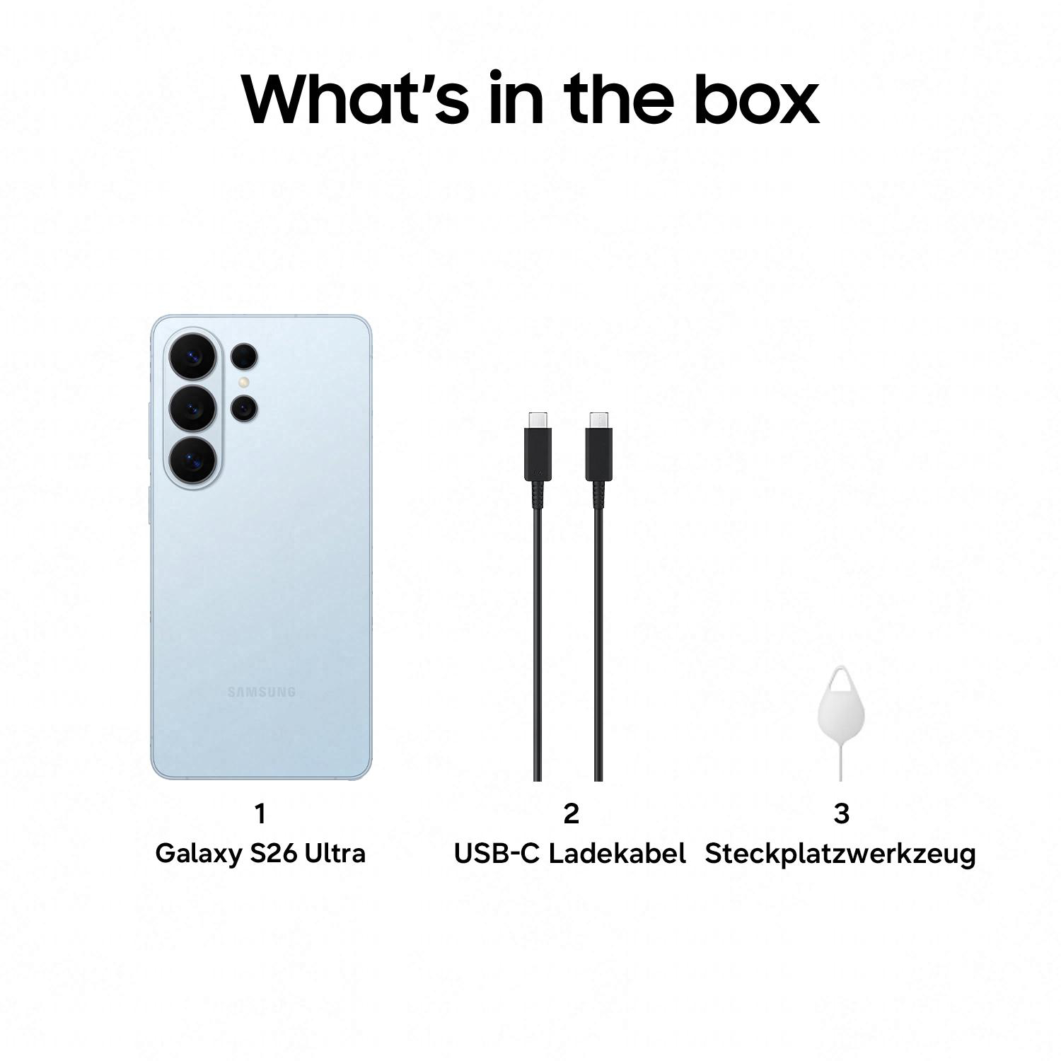 Ein hellblaues Samsung Galaxy S26 Ultra Smartphone, zwei USB-C Kabel und ein SIM-Werkzeug.