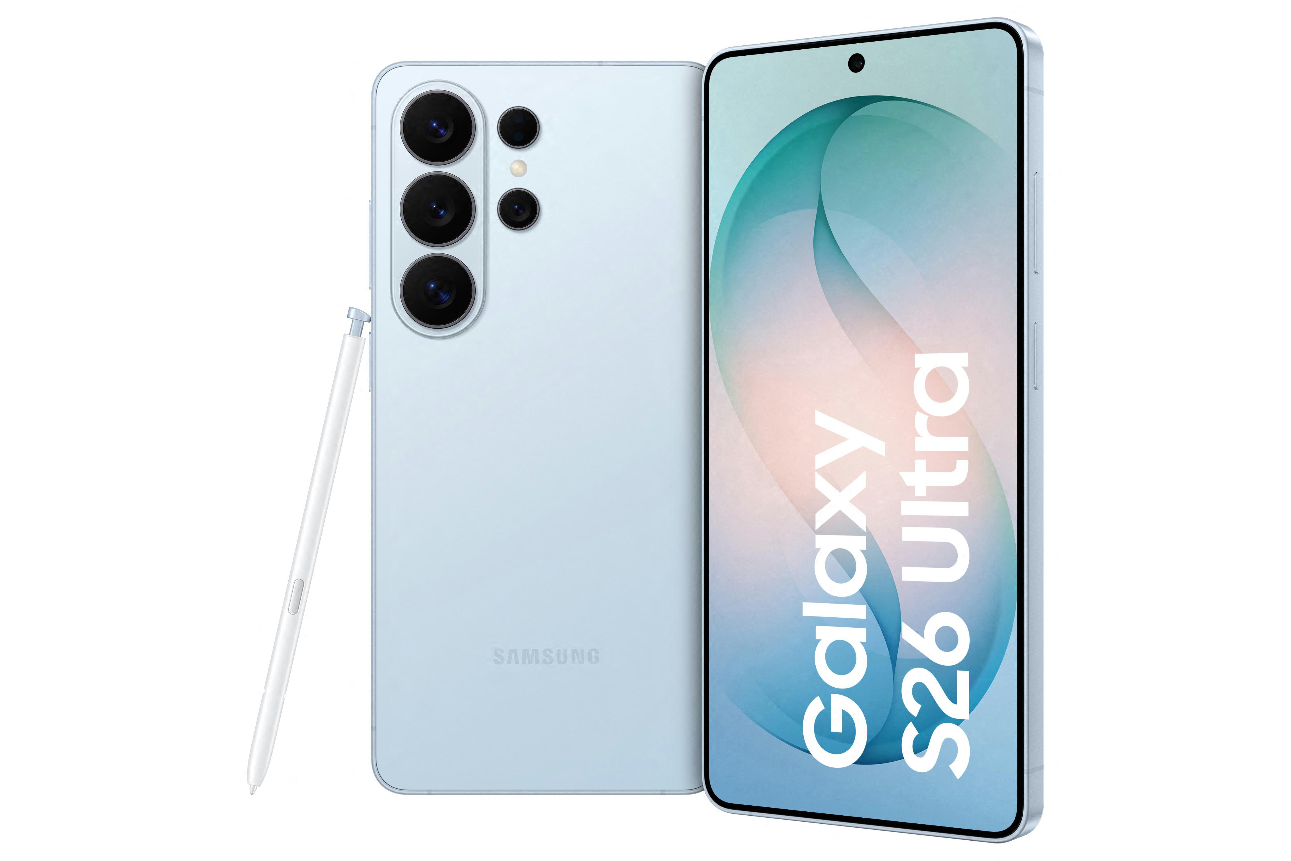 Ein hellblaues Smartphone mit Stift, Kamera und Samsung-Logo.