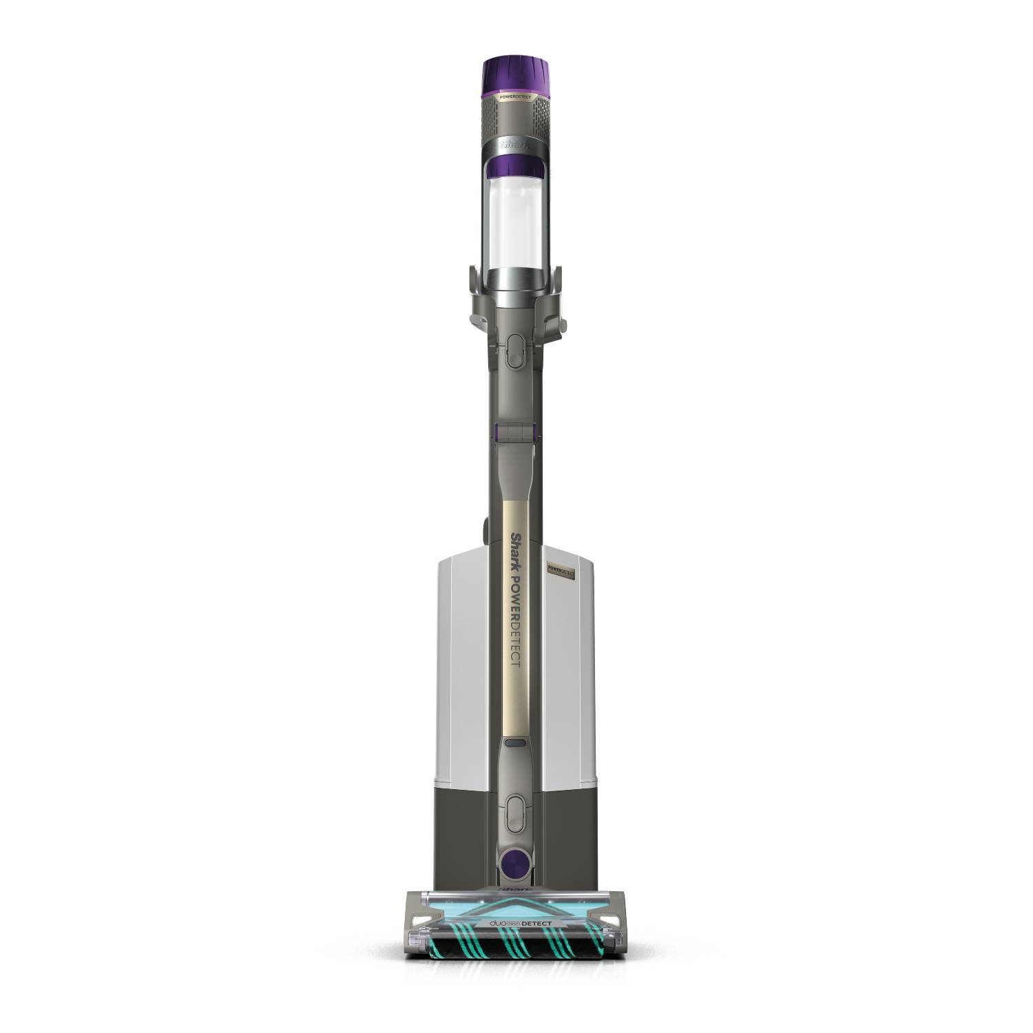 Una aspiradora inalámbrica Shark PowerDetect plateada y morada con depósito transparente.