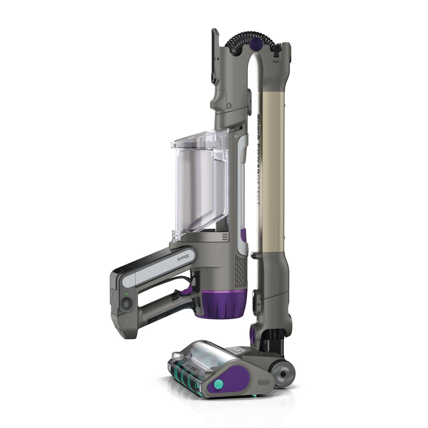 Aspiradora inalámbrica Shark gris y morada con depósito de polvo transparente.