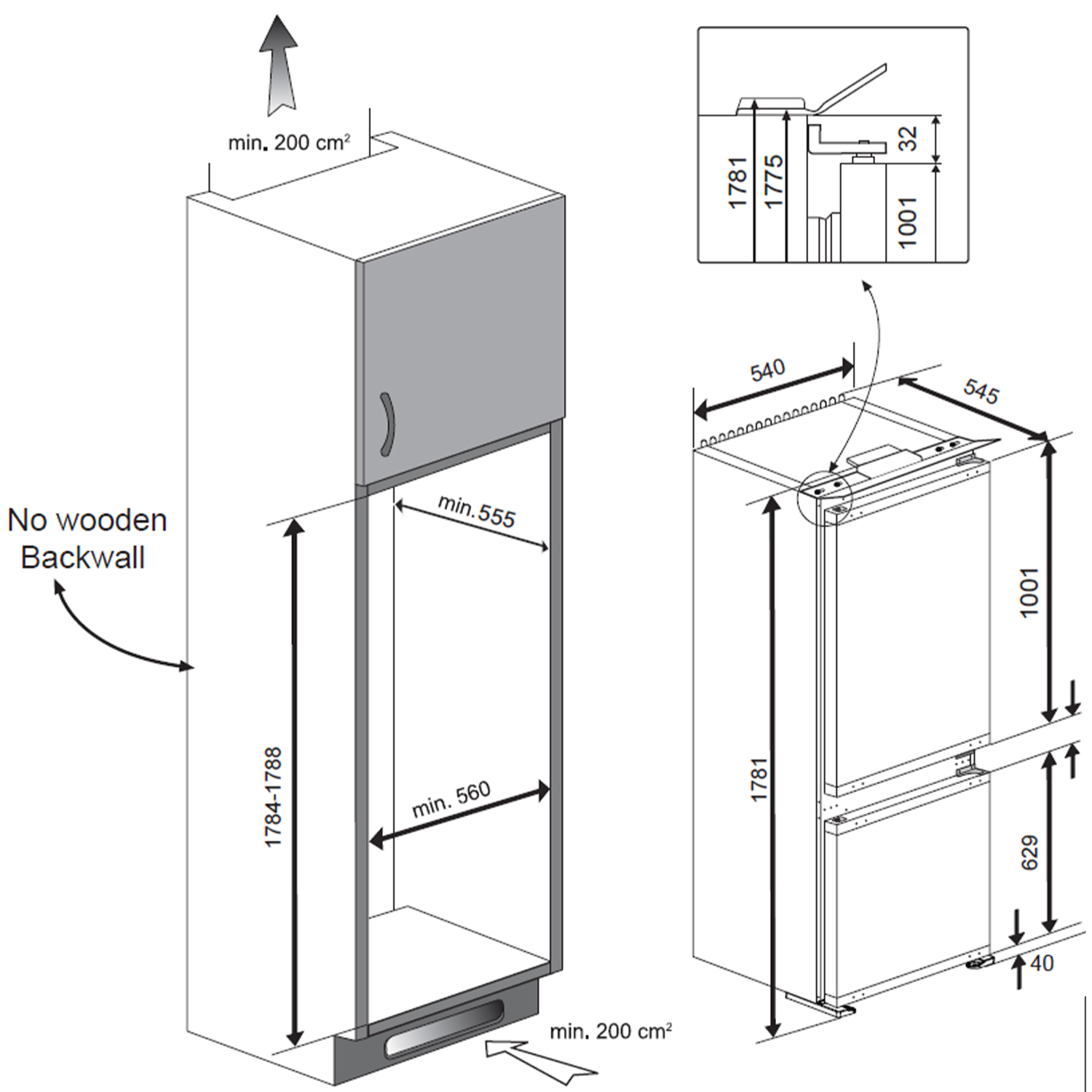 Dibujo técnico de un frigorífico integrable con dimensiones y notas de instalación.