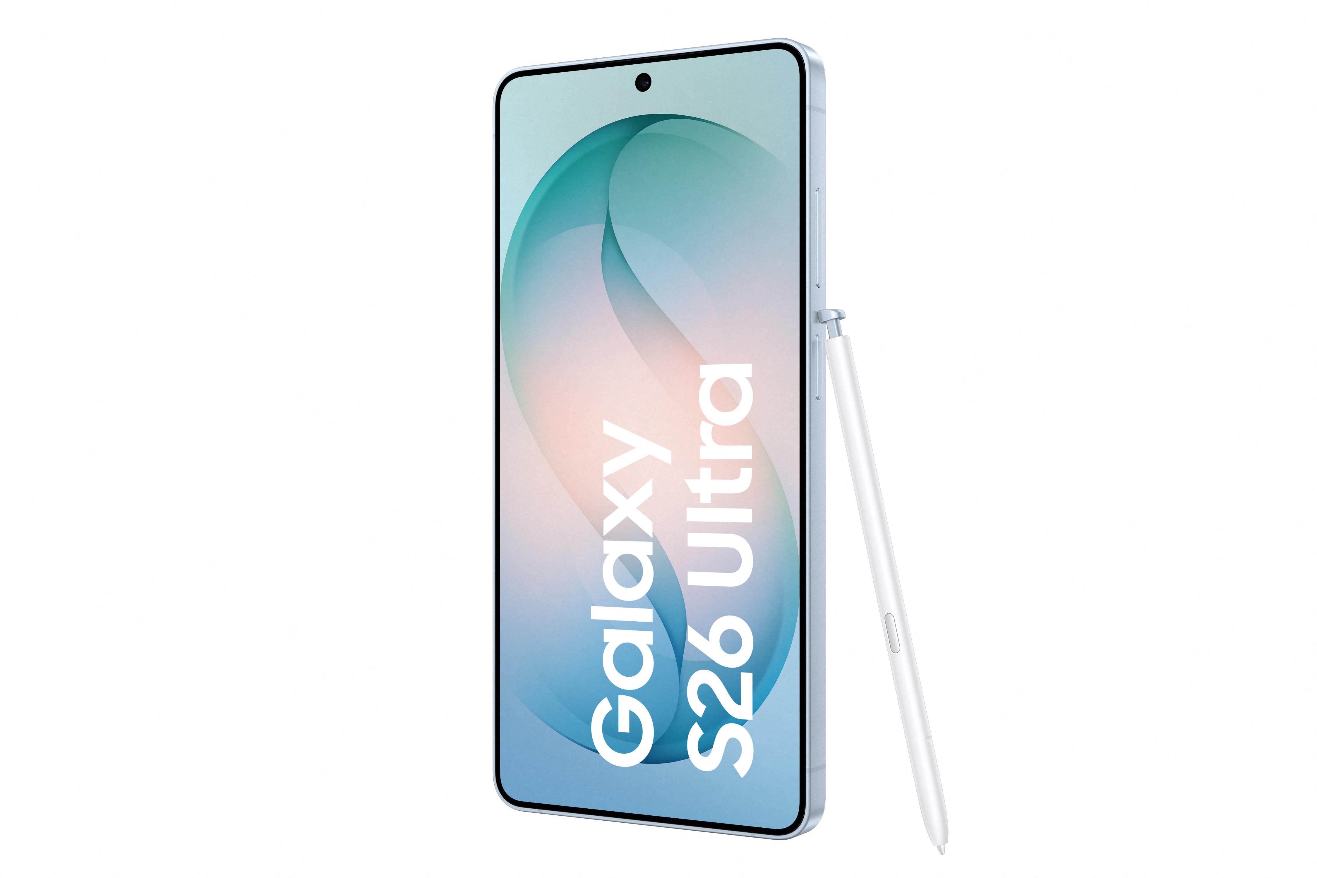 Ein hellblaues Smartphone mit einem weißen Stift daneben. Die Bildschirmhülle ist weiß.