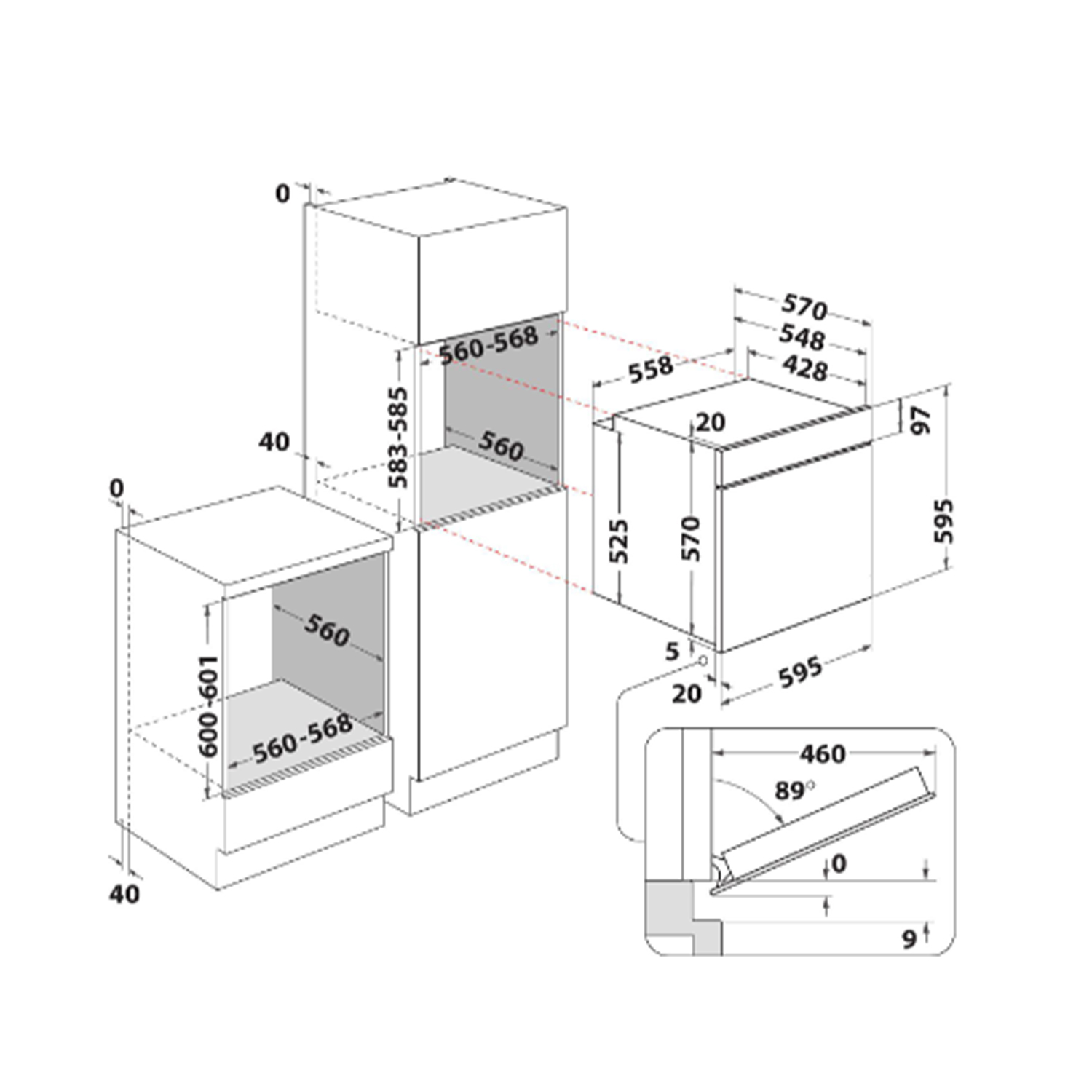 Dibujo técnico con dimensiones para muebles y electrodomésticos empotrados.