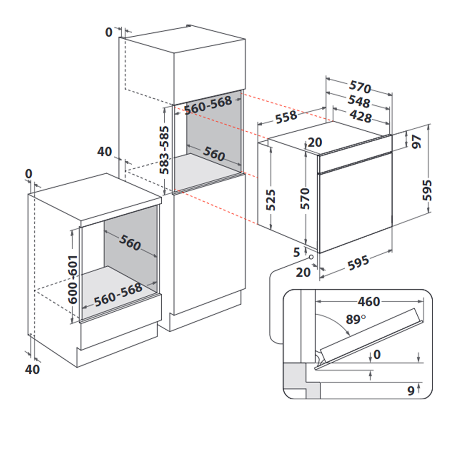 Dibujo técnico de un horno empotrable con dimensiones y detalles.
