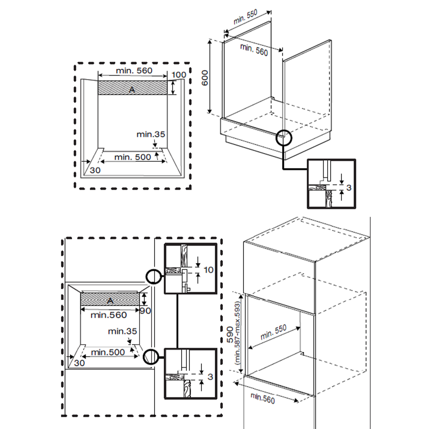Dibujo de instalación con dimensiones para un aparato en un nicho, con detalles.