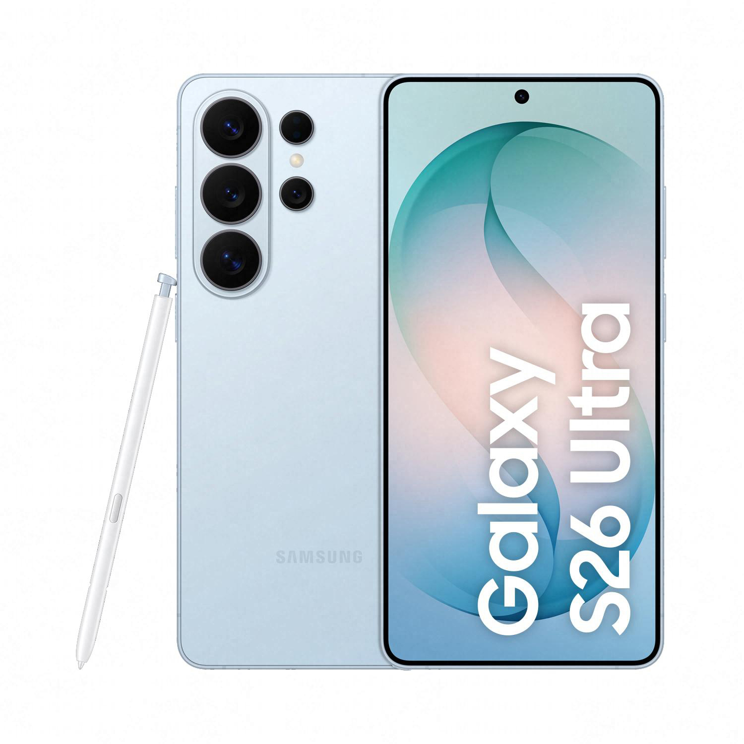 Ein hellblaues Samsung Galaxy S26 Ultra Smartphone mit Stift.