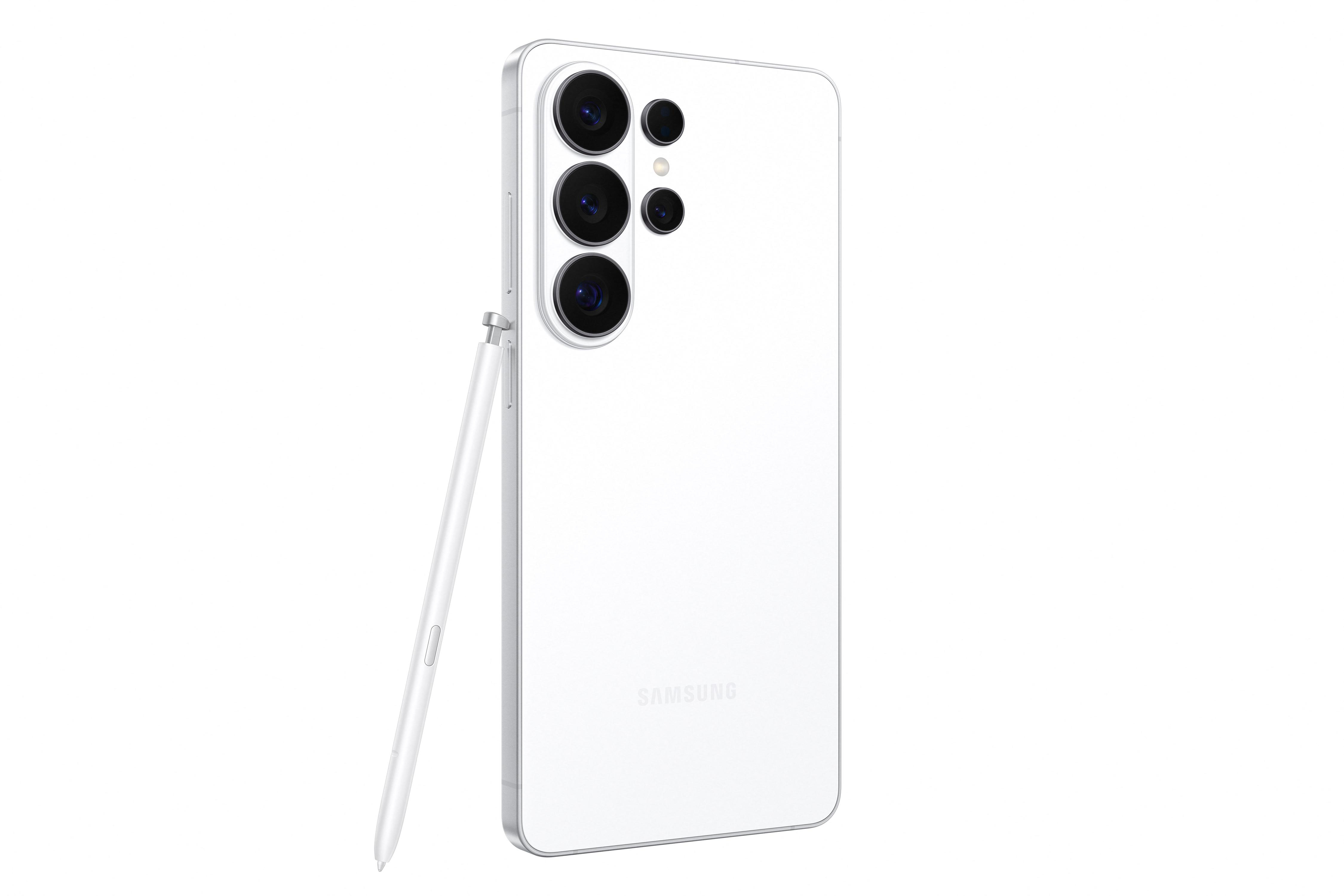 Ein weißes Samsung-Smartphone mit S-Stift auf weißem Hintergrund.