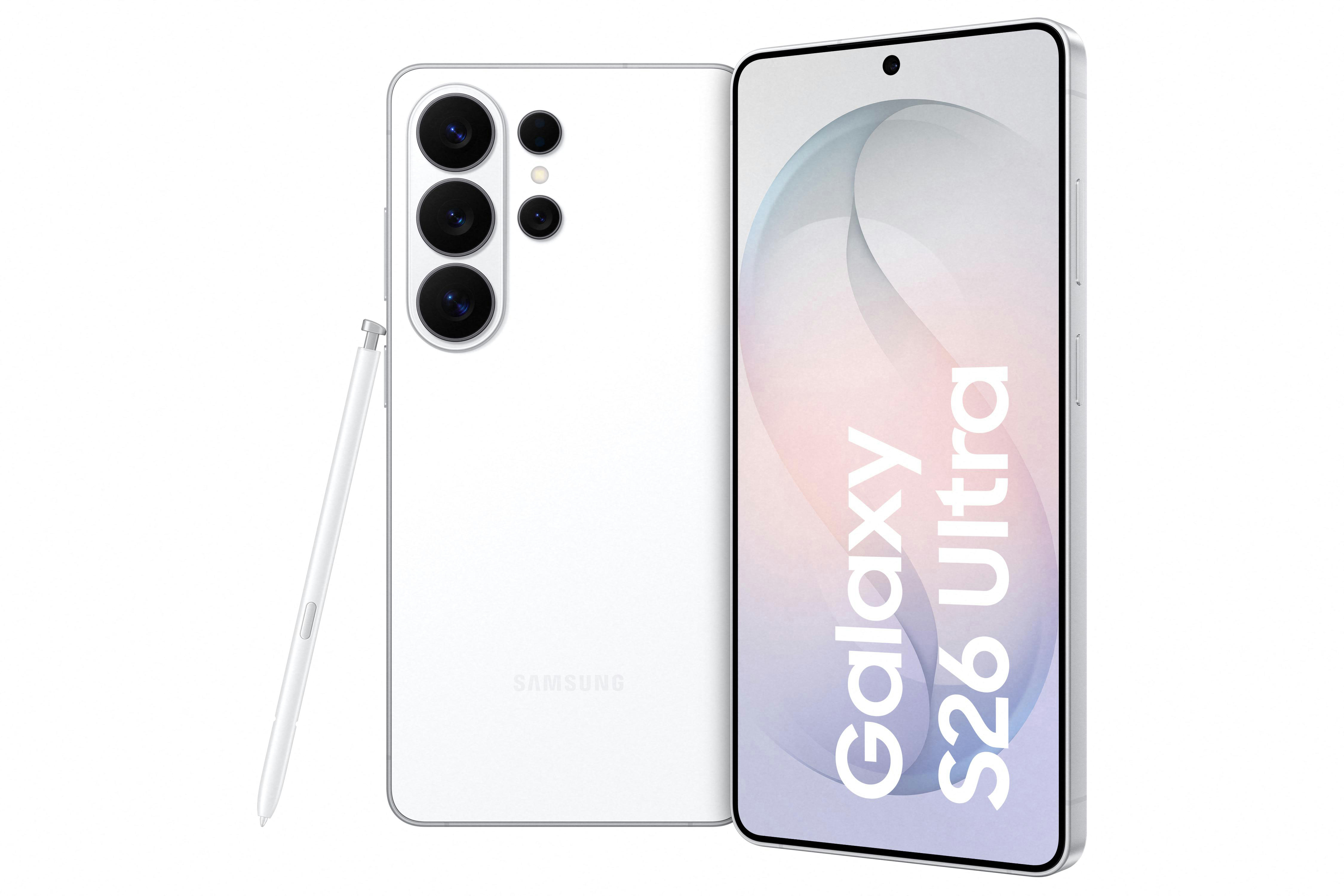 Weißes Smartphone mit Stift und Kamera auf der Rückseite.
