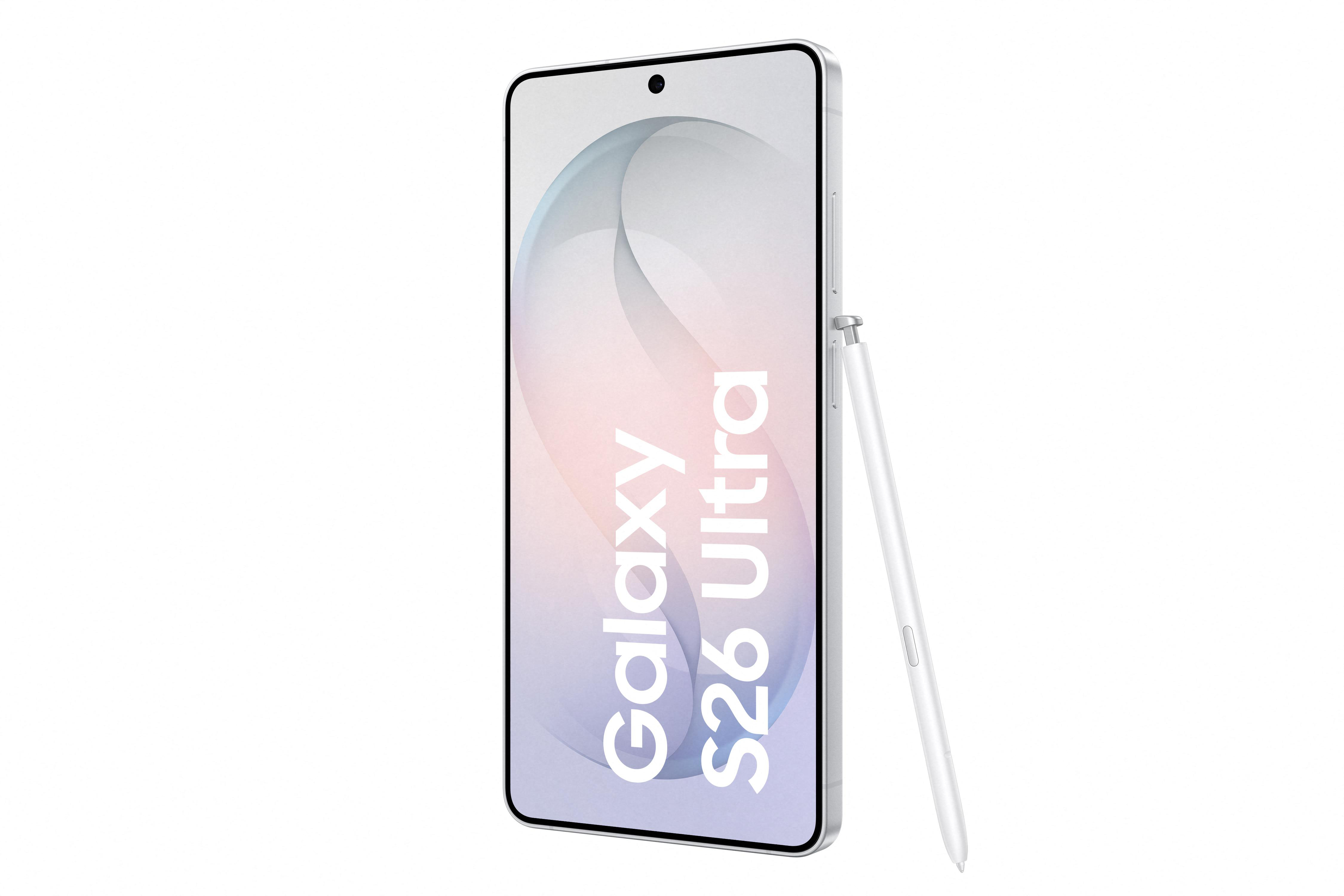 Ein silbernes Smartphone mit einem weißen Stift daneben. Der Bildschirm zeigt 'Galaxy S26 Ultra'.