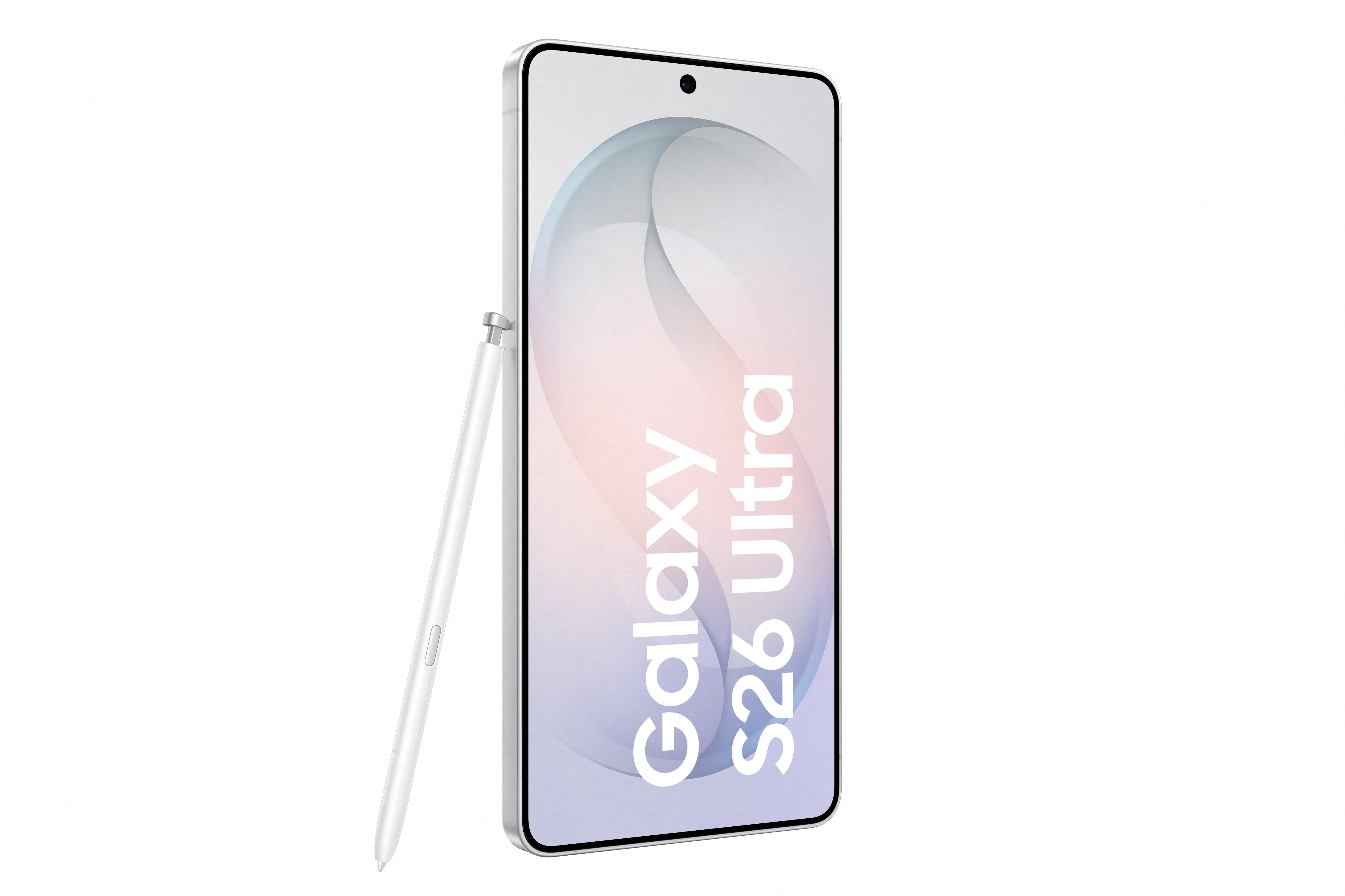 Ein weißes Smartphone mit Stift, Modell Galaxy S26 Ultra.