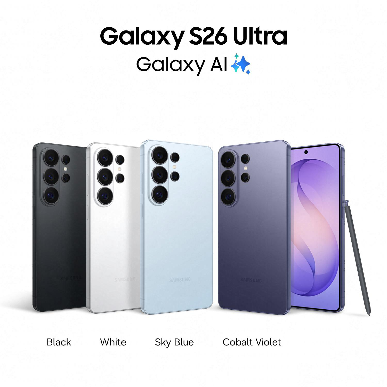 Vier Samsung Galaxy S26 Ultra Handys in Schwarz, Weiß, Himmelblau und Kobaltviolett.