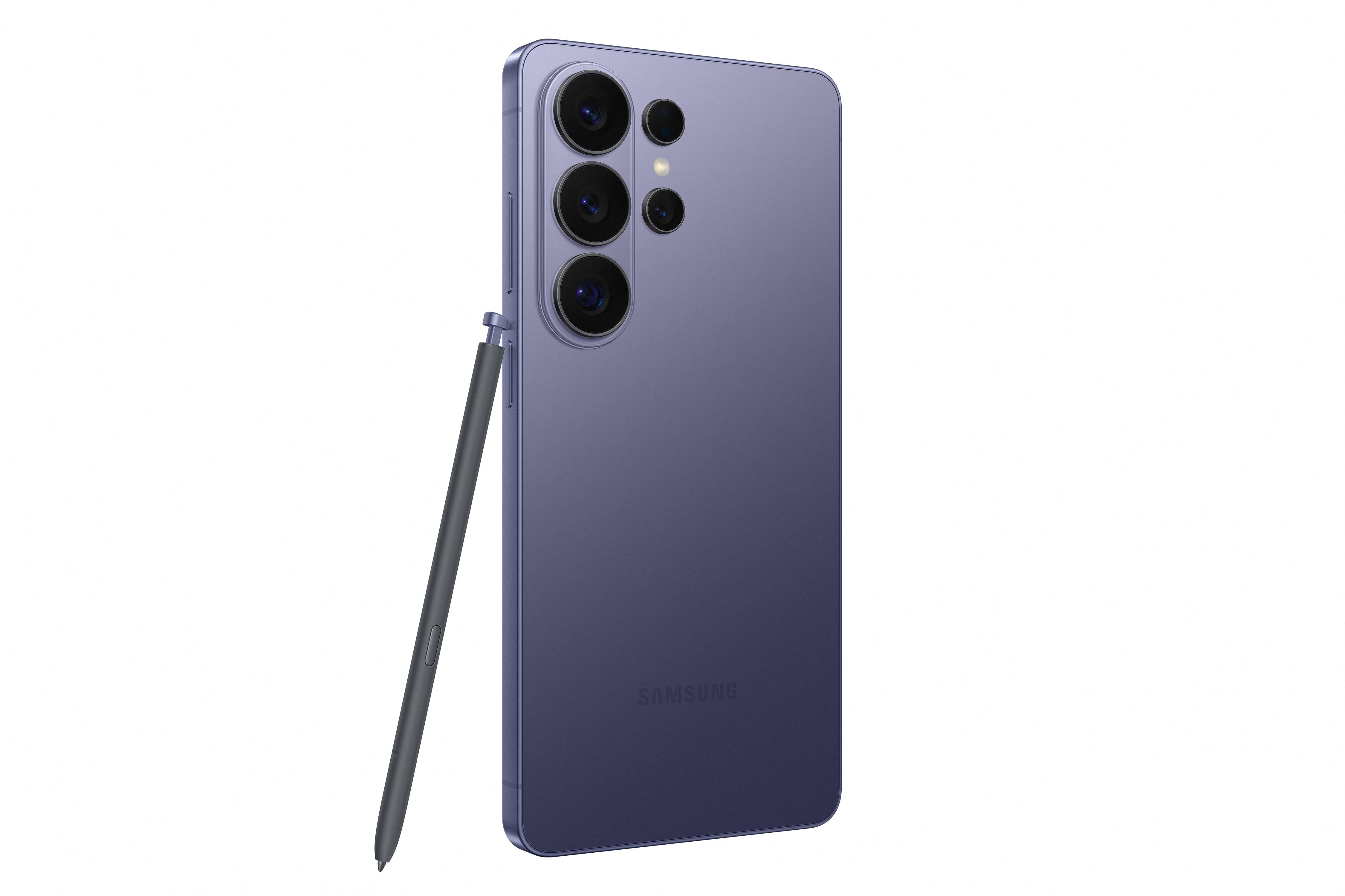 Ein lila Smartphone mit mehreren Kameras und einem Stift, der daneben steckt.