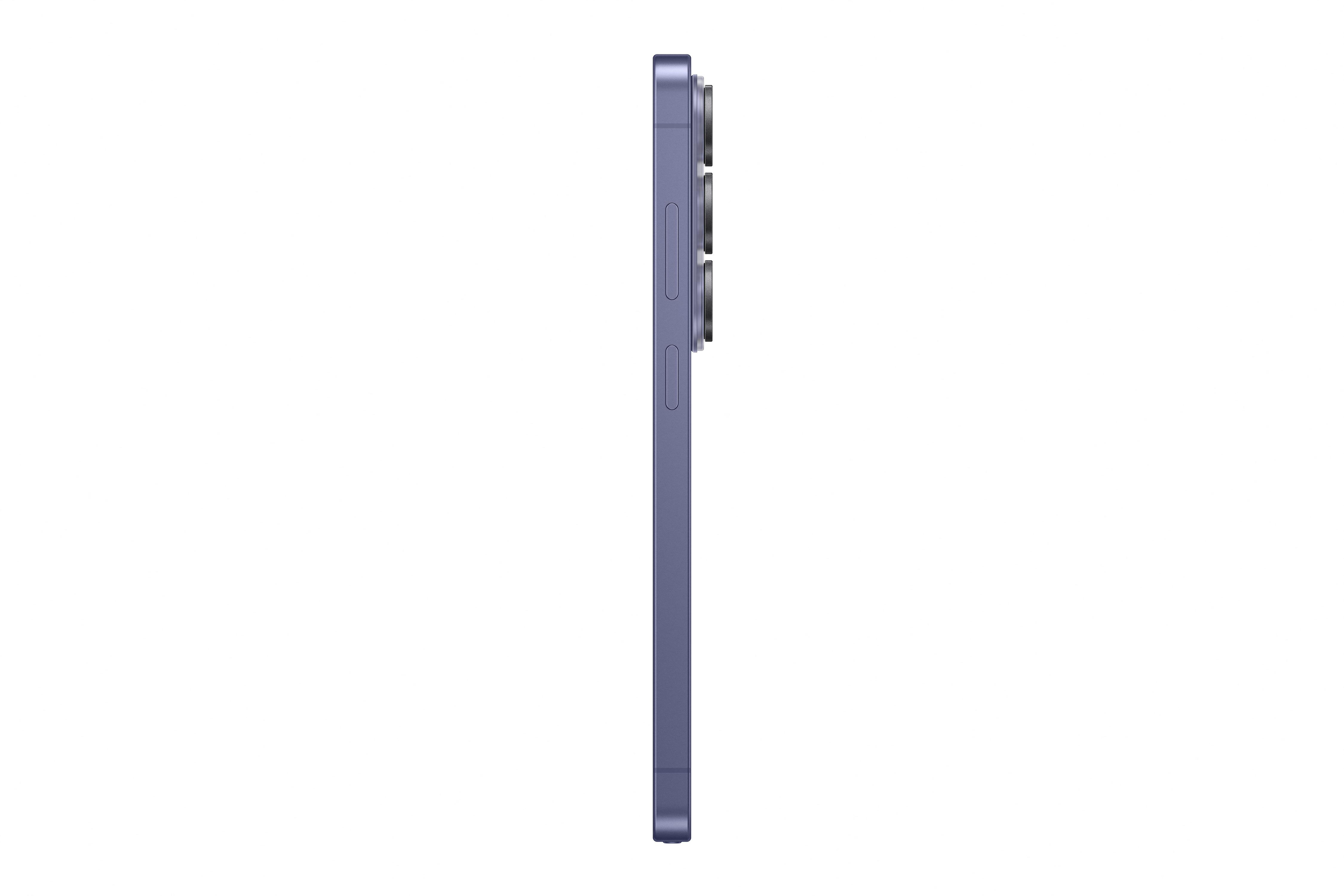 Ein lila Smartphone im Seitenprofil mit drei Kameras.
