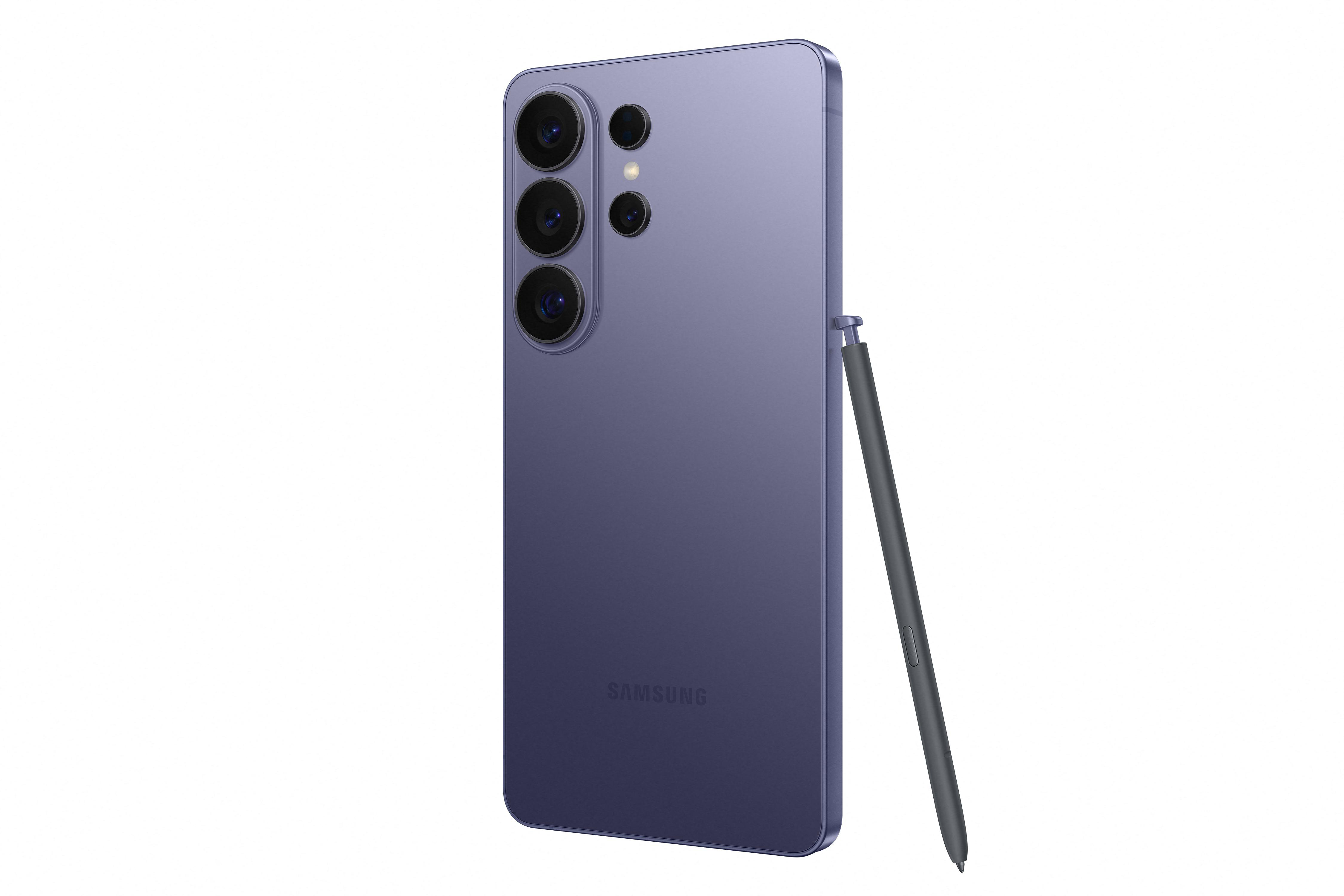 Ein lila Smartphone mit drei Kameras und einem Stift.