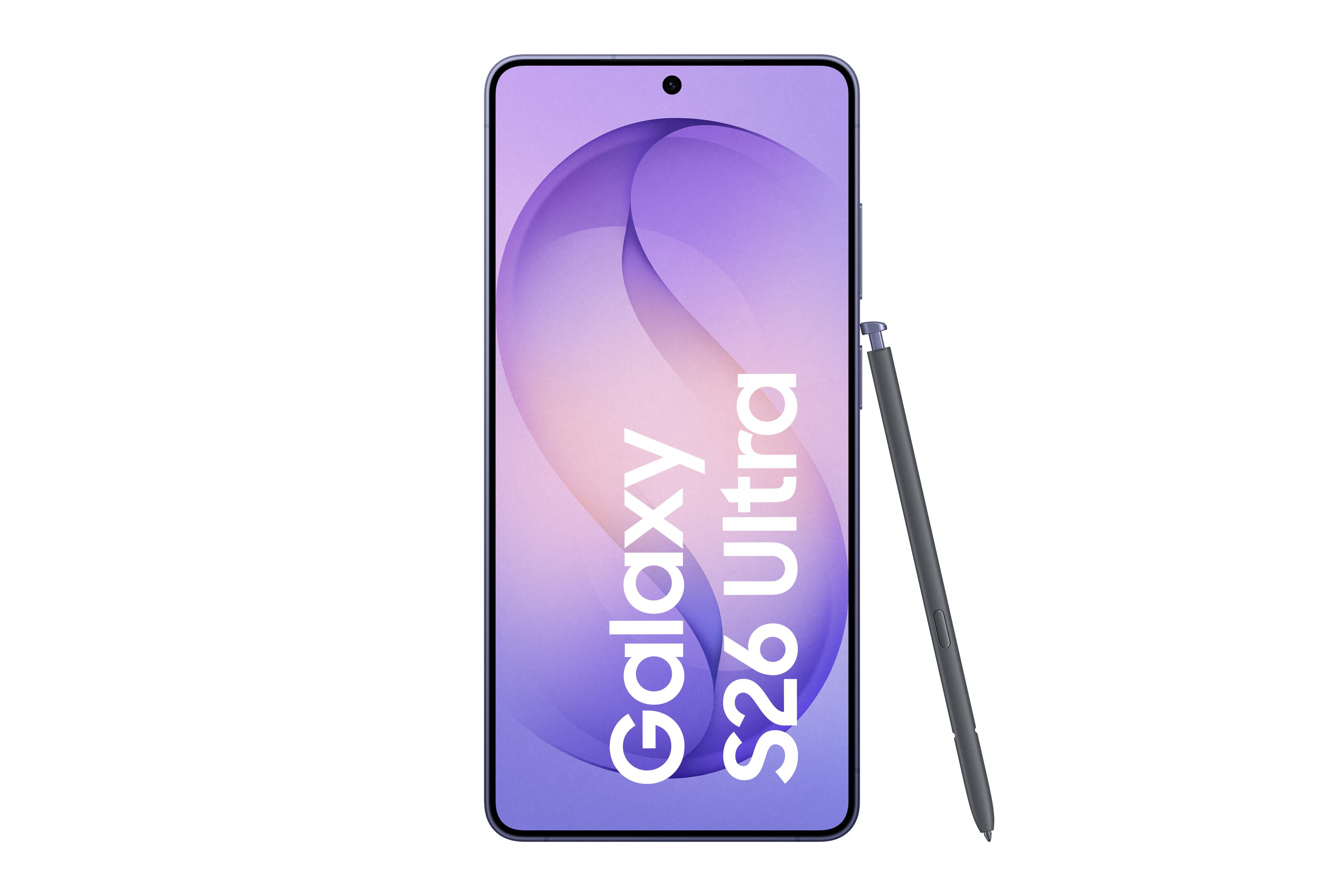 Ein dunkles Smartphone mit Stift, auf dem „Galaxy S26 Ultra“ steht.
