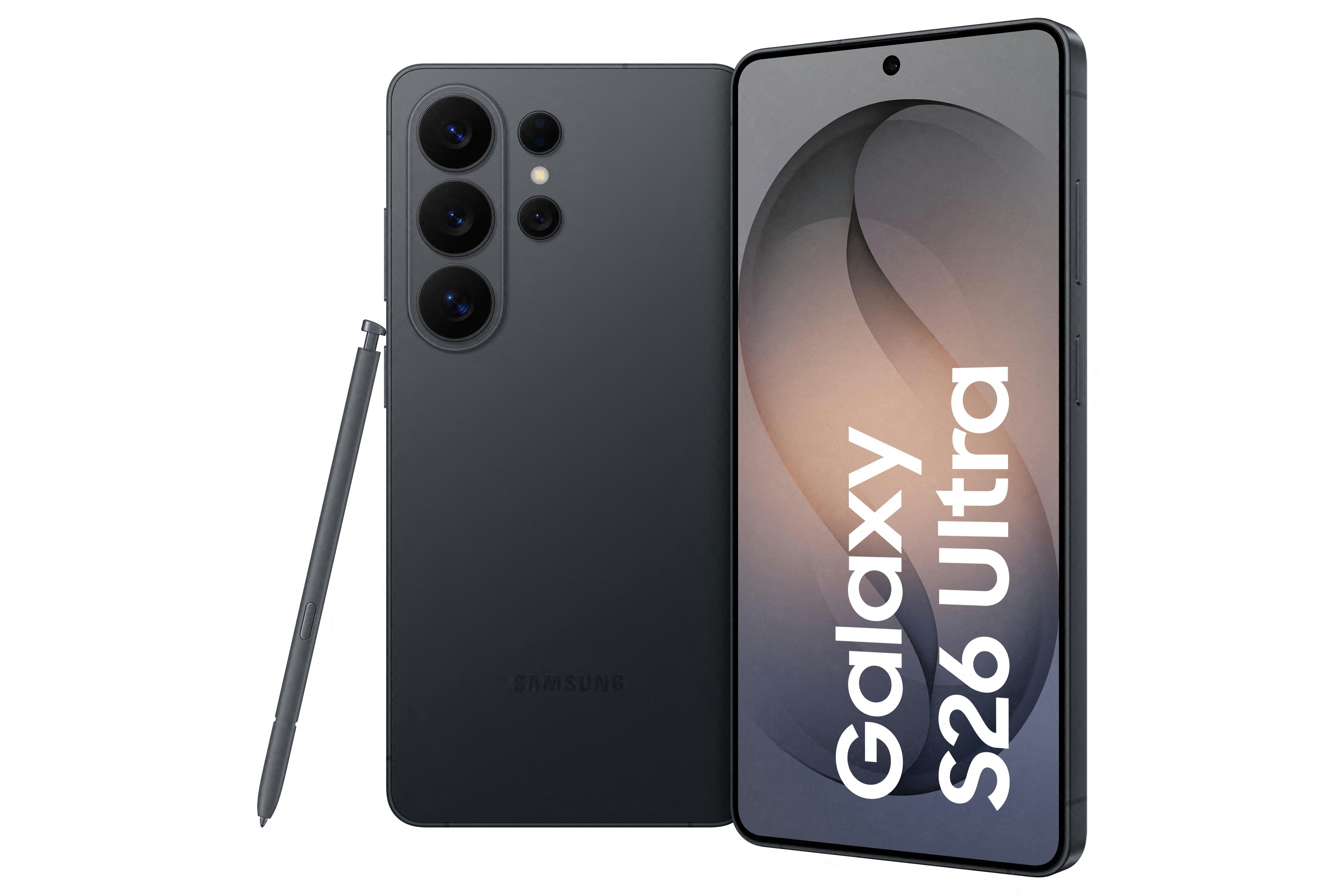 Dunkelgraues Samsung Galaxy S26 Ultra mit Stift, Kamera auf der Rückseite.