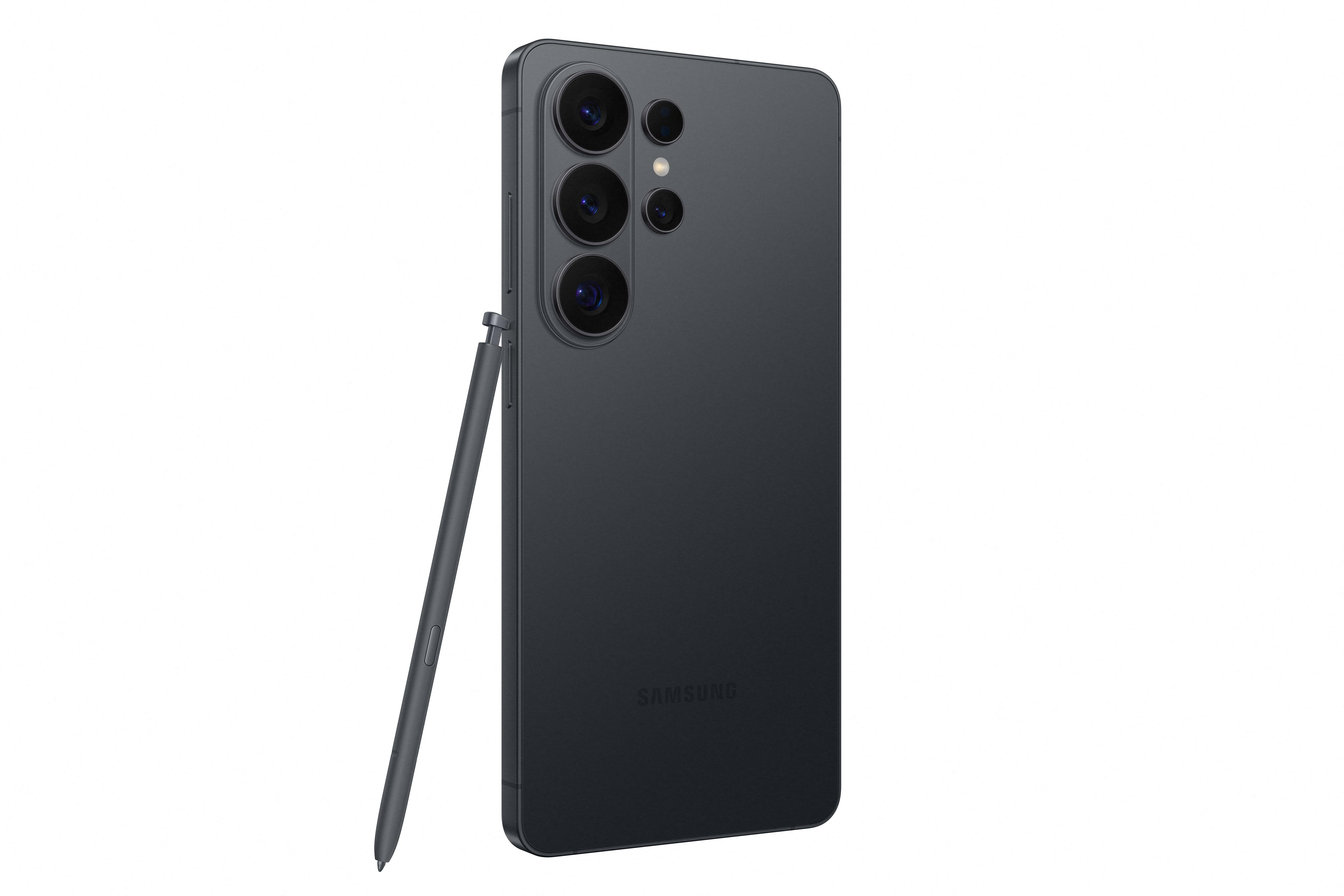 Dunkles Smartphone mit Stift und Kamera auf weißem Hintergrund.