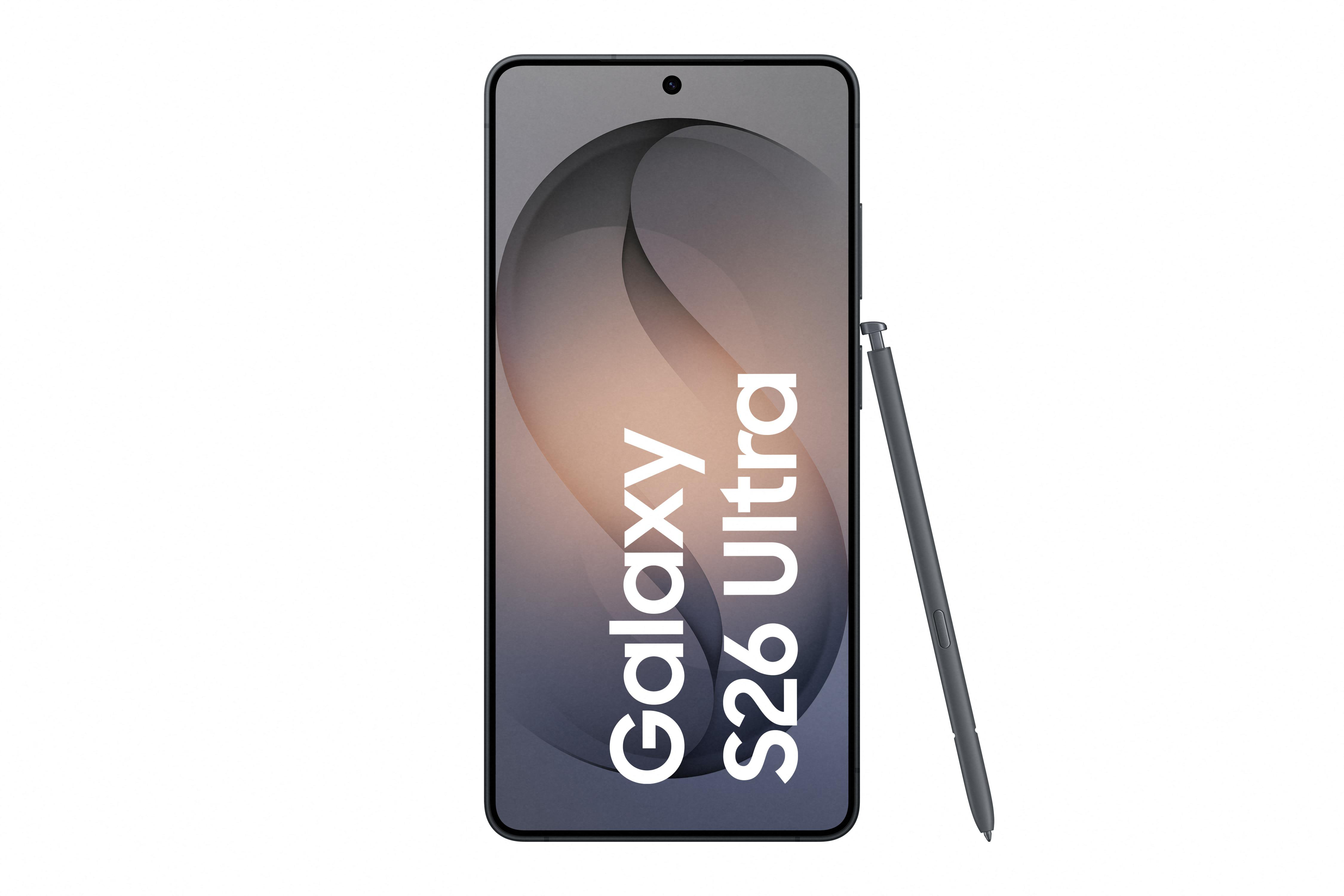 Ein graues Samsung Galaxy S26 Ultra Smartphone mit Stift auf weißem Hintergrund.