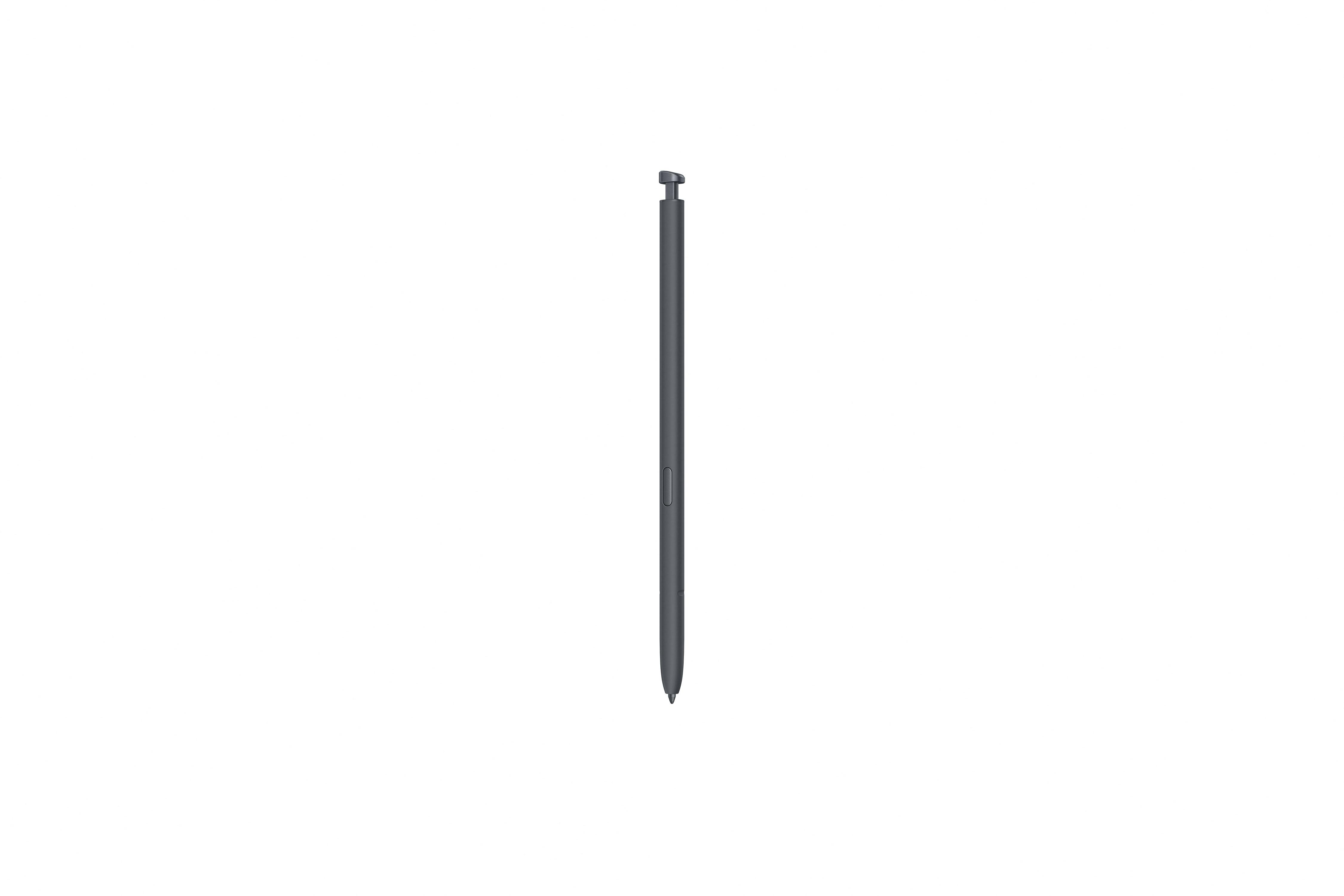 Ein dunkler Stift mit einem silbernen oberen Teil auf weißem Hintergrund.