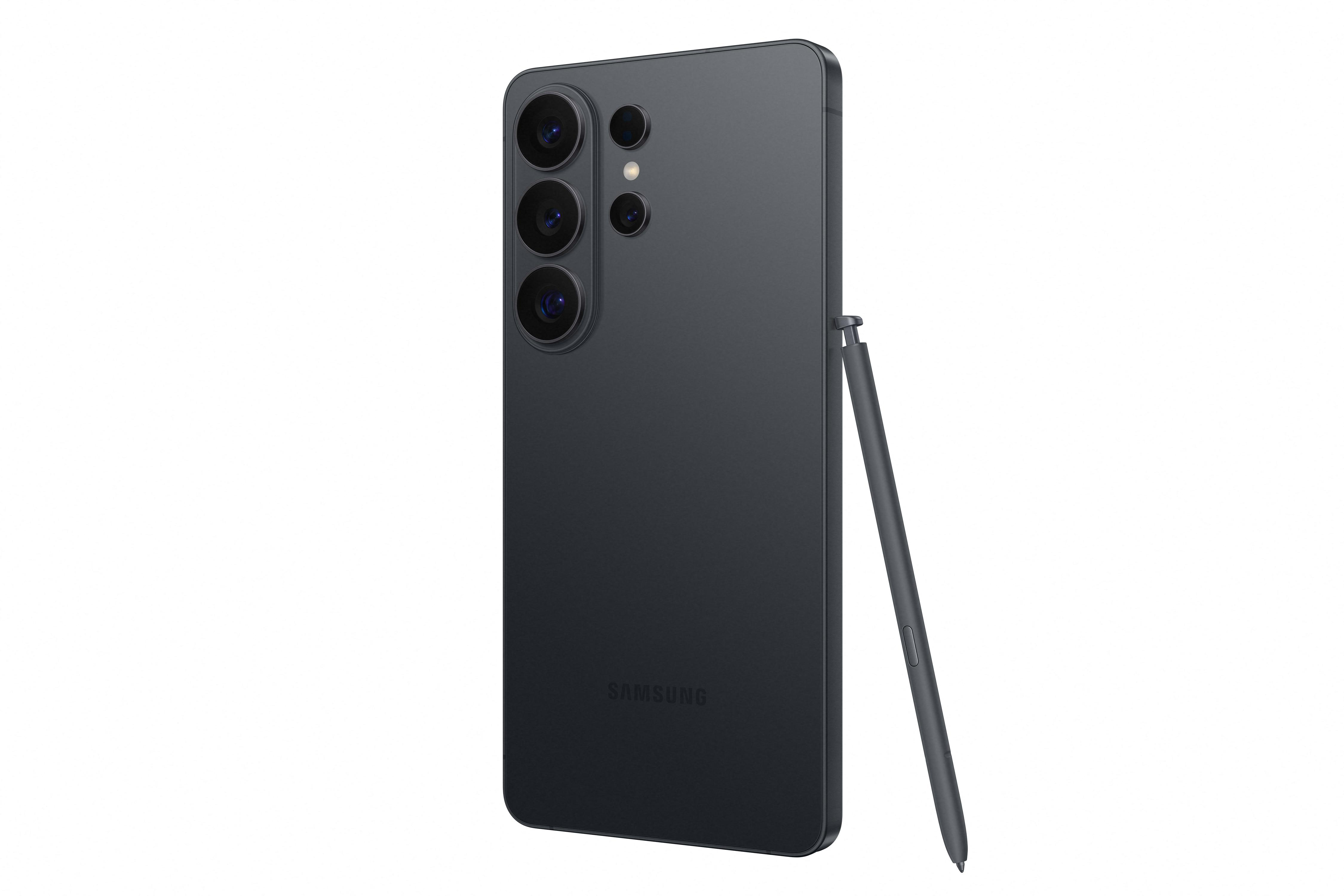 Dunkelgraues Smartphone mit drei Kameras und S-Pen auf weißem Hintergrund.