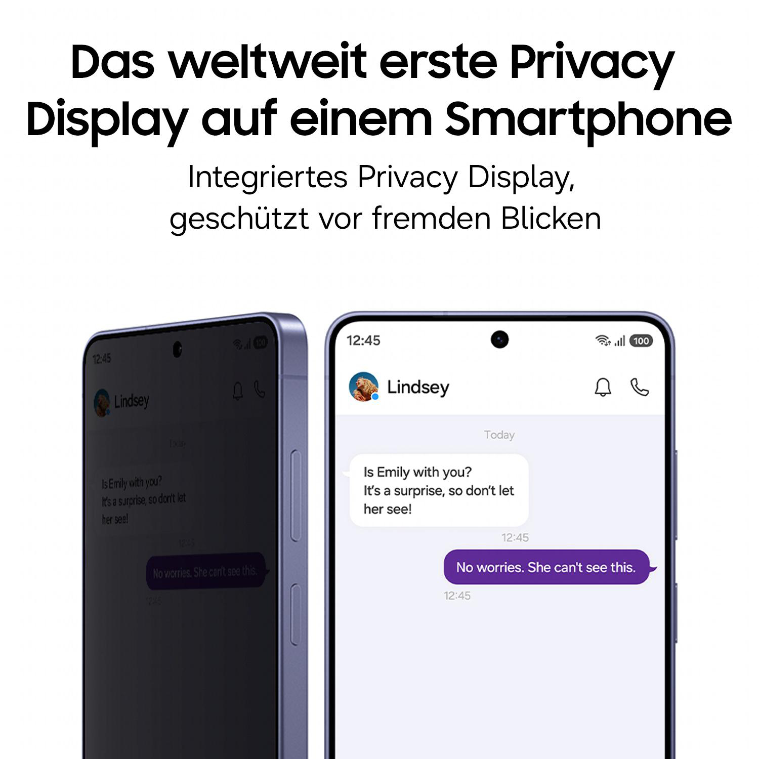 Zwei Smartphones zeigen eine Chat-Konversation. Eines ist dunkel, das andere hell.
