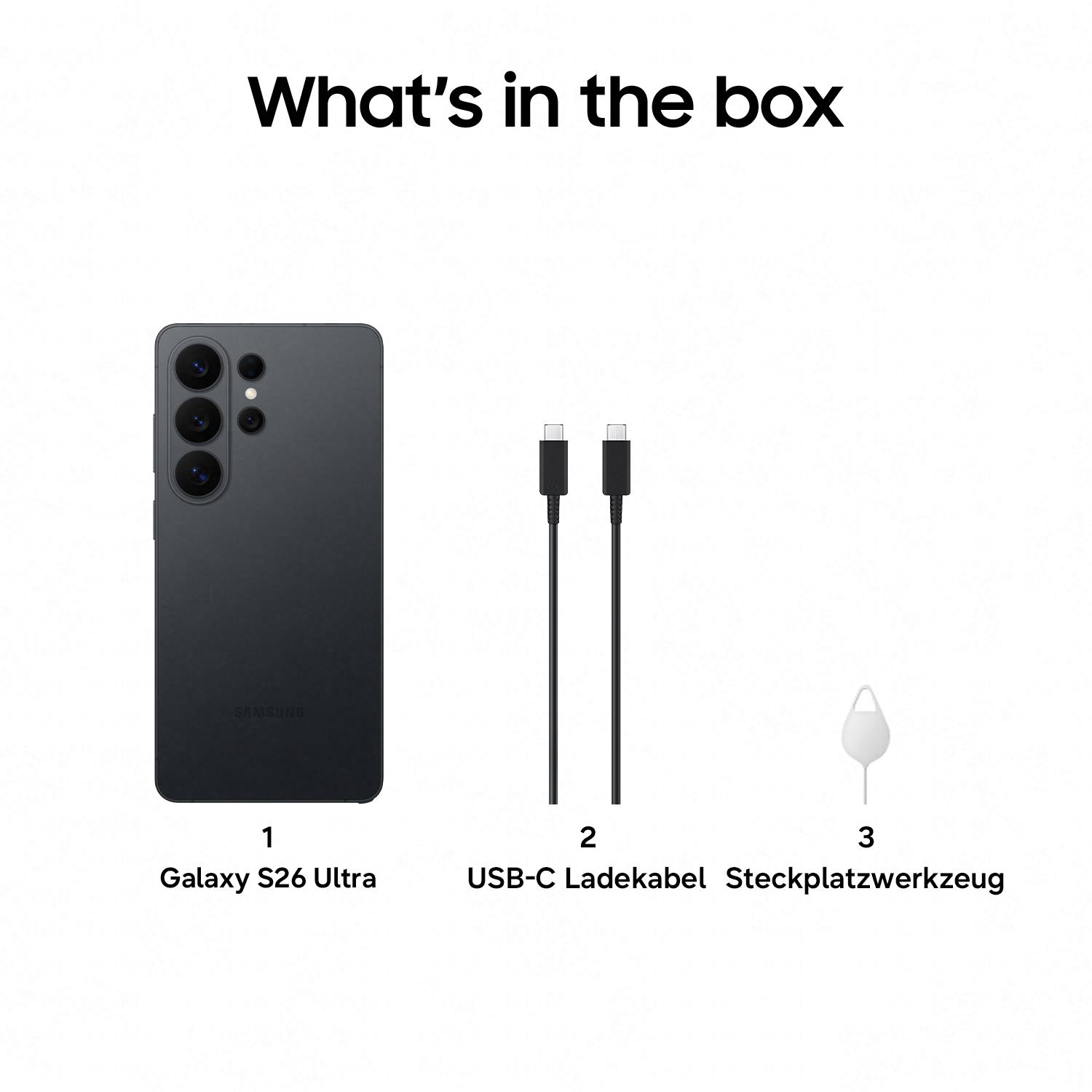 Ein schwarzes Smartphone, zwei USB-C-Kabel und ein SIM-Kartenwerkzeug.