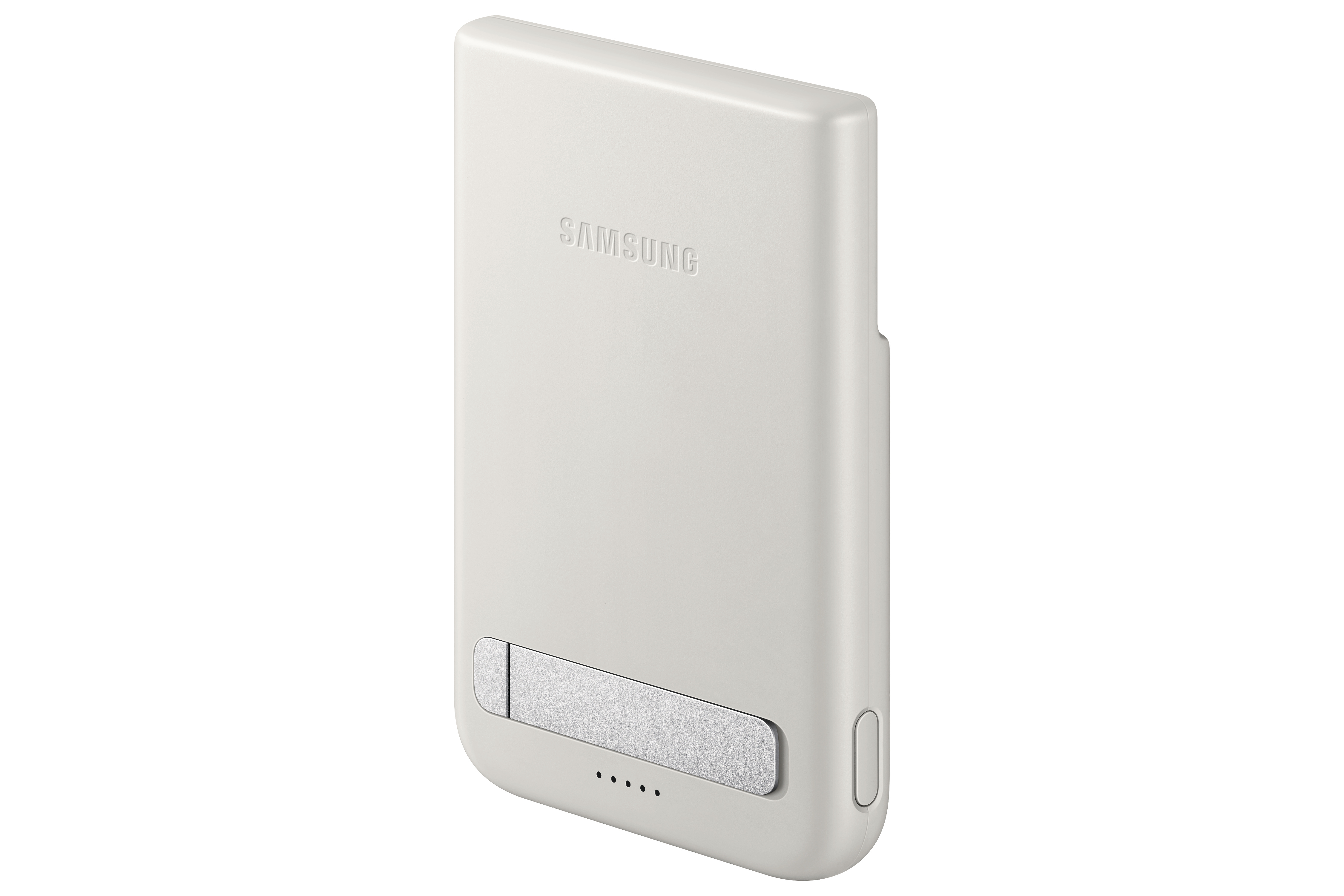 Ein weißes Samsung Ladegerät mit silbernem Ständer und Ladeanzeige.