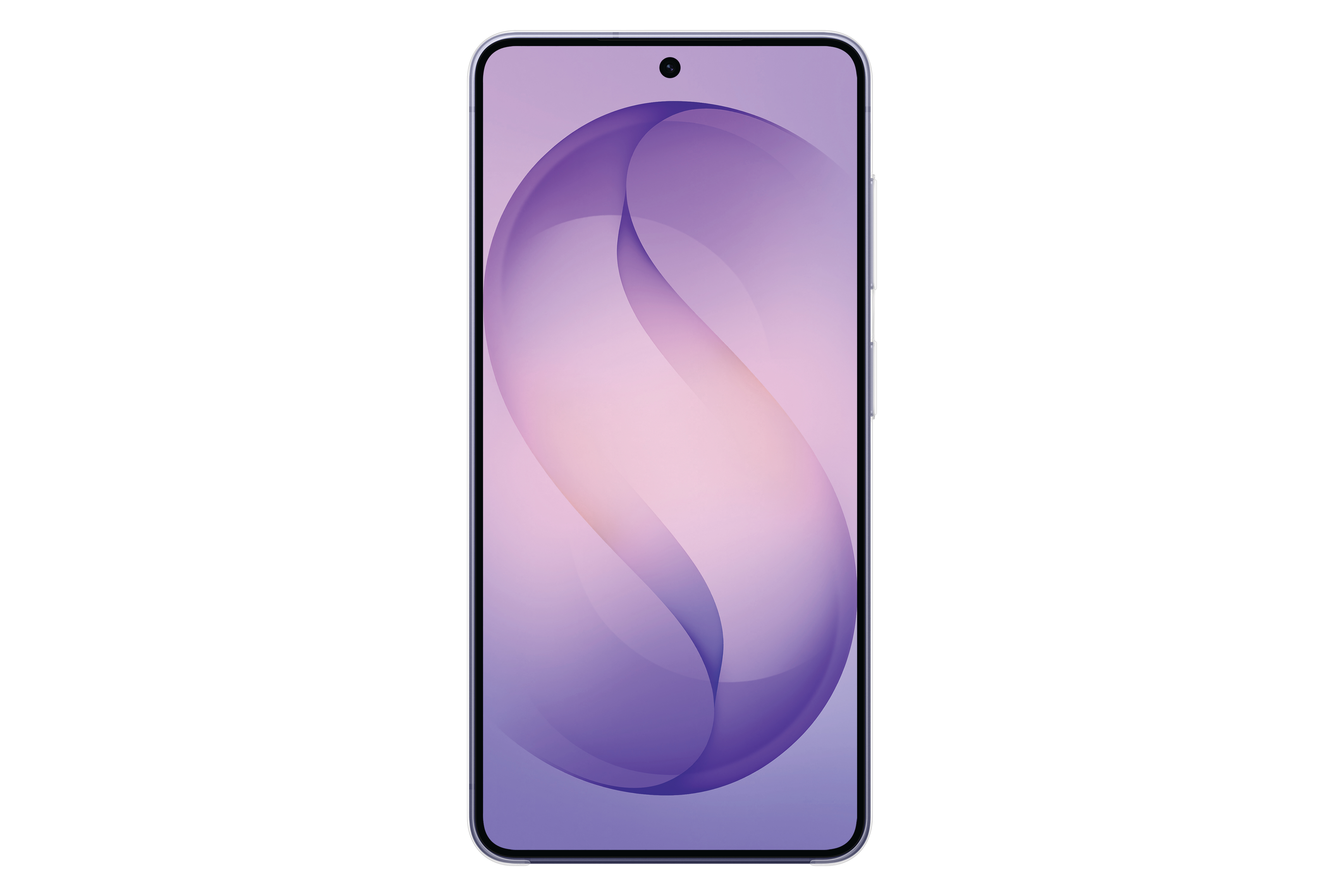 Ein Smartphone mit lila und pinker Tapete, vorne eine Kamera.