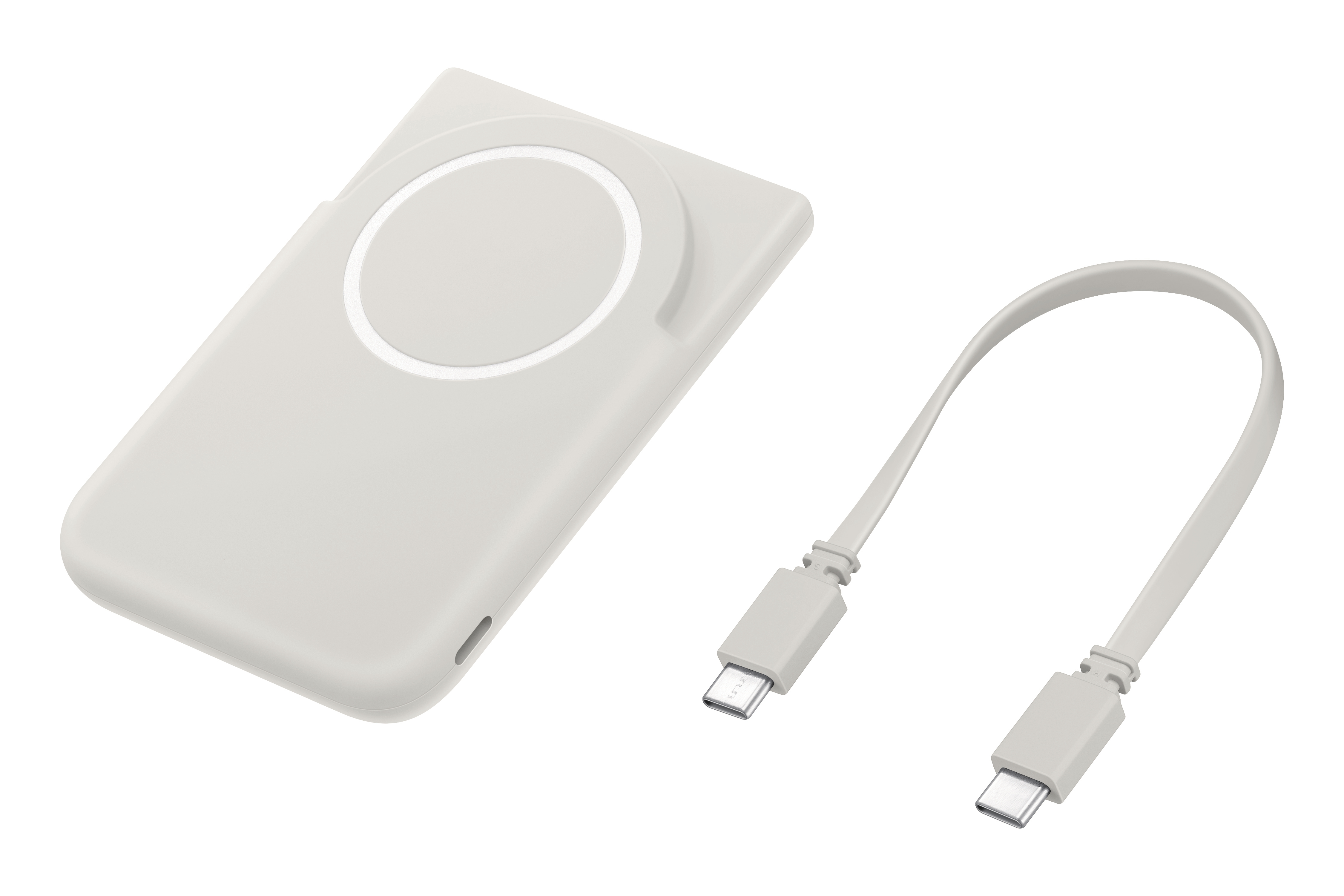 Ein weißes Ladekabel mit zwei USB-C-Anschlüssen und ein dazugehöriges Ladezubehör.