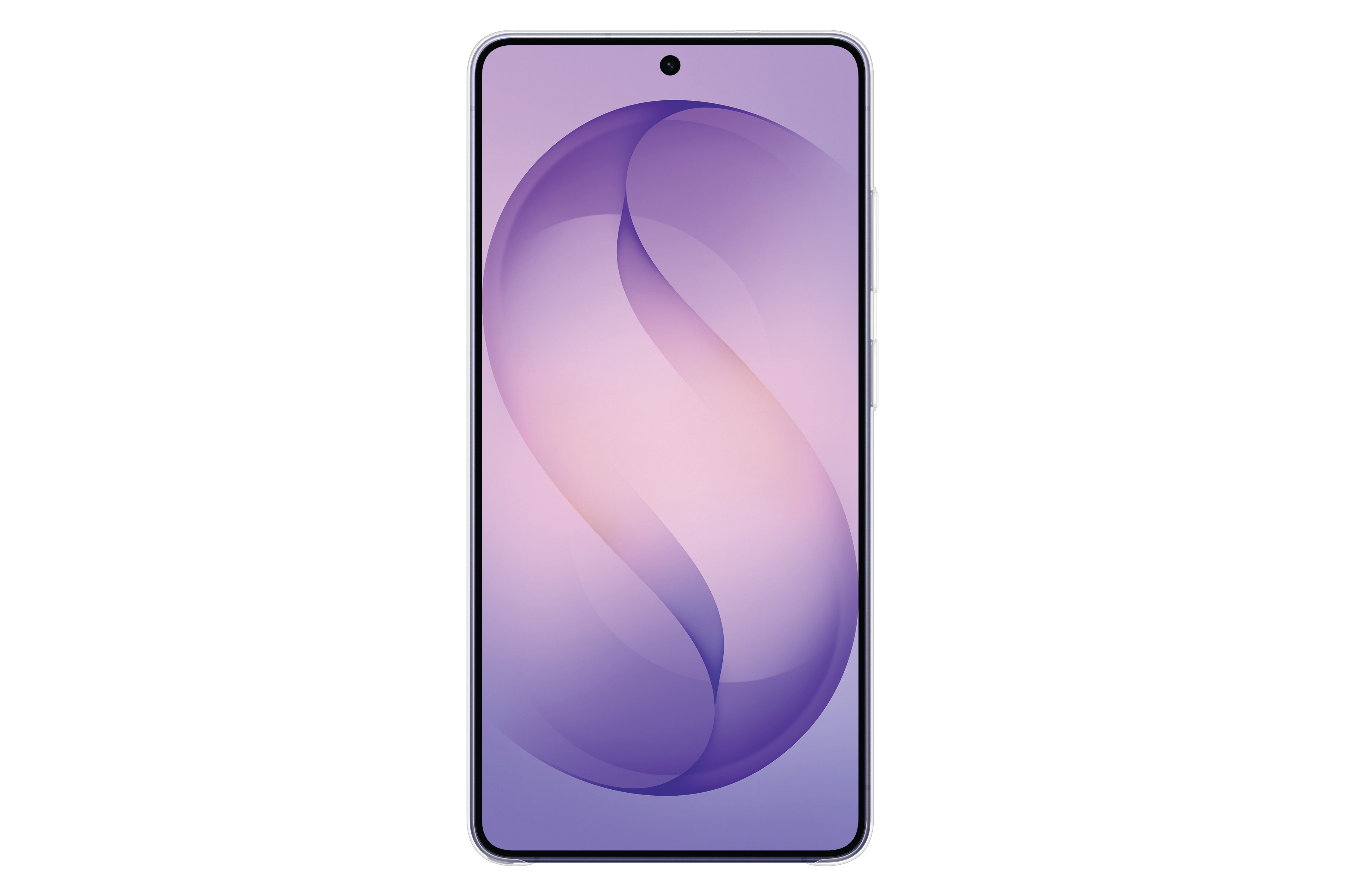 Ein schlankes Smartphone mit einem lila und rosa Hintergrundbild.