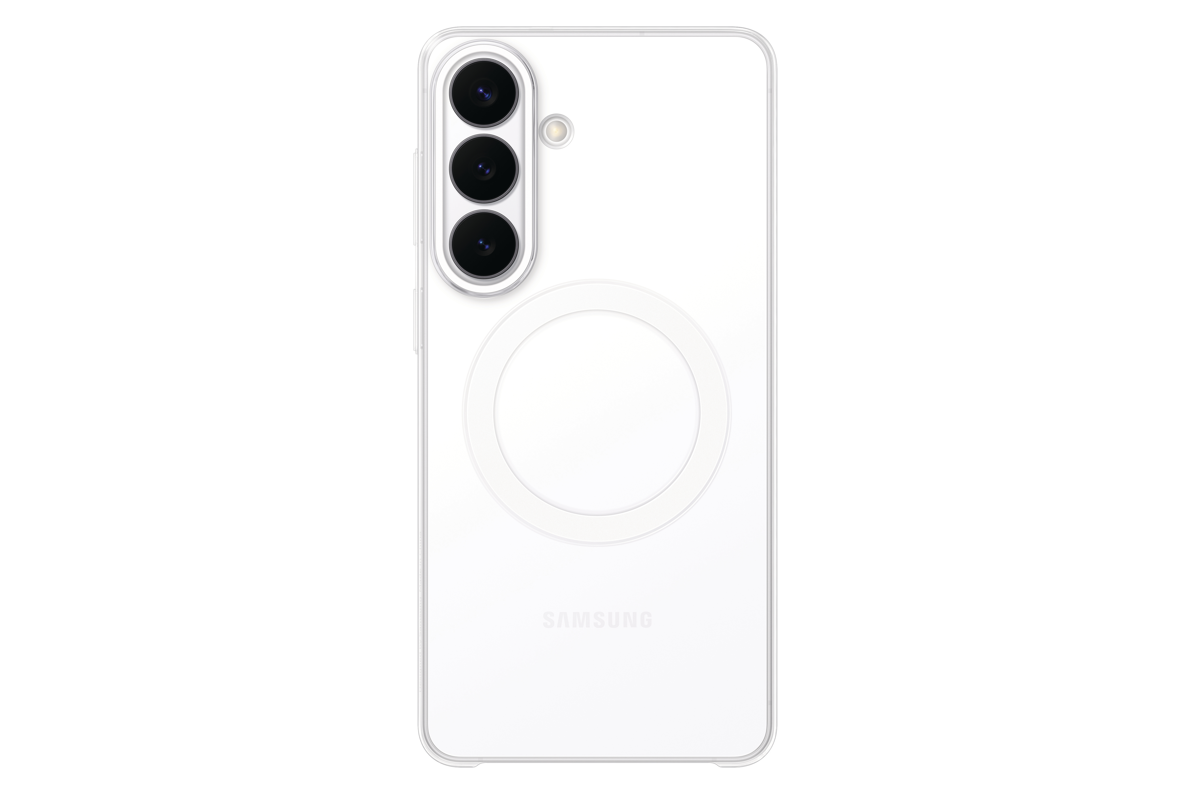 Rückseite eines transparenten Samsung-Handys mit drei Kameras und einem Kreis.