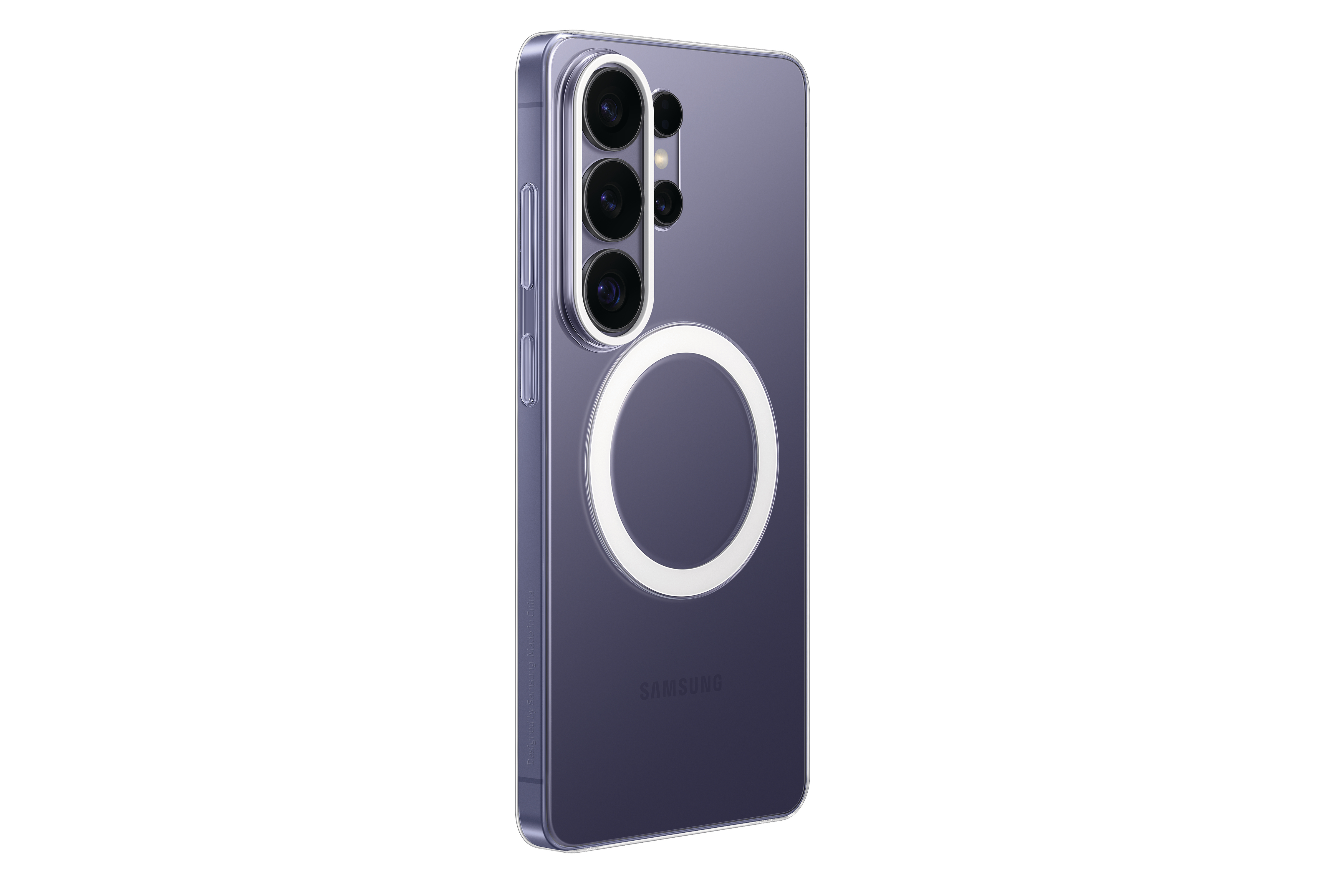 Lila Smartphone mit MagSafe-Ring und Kameralinsen, auf weißem Hintergrund.