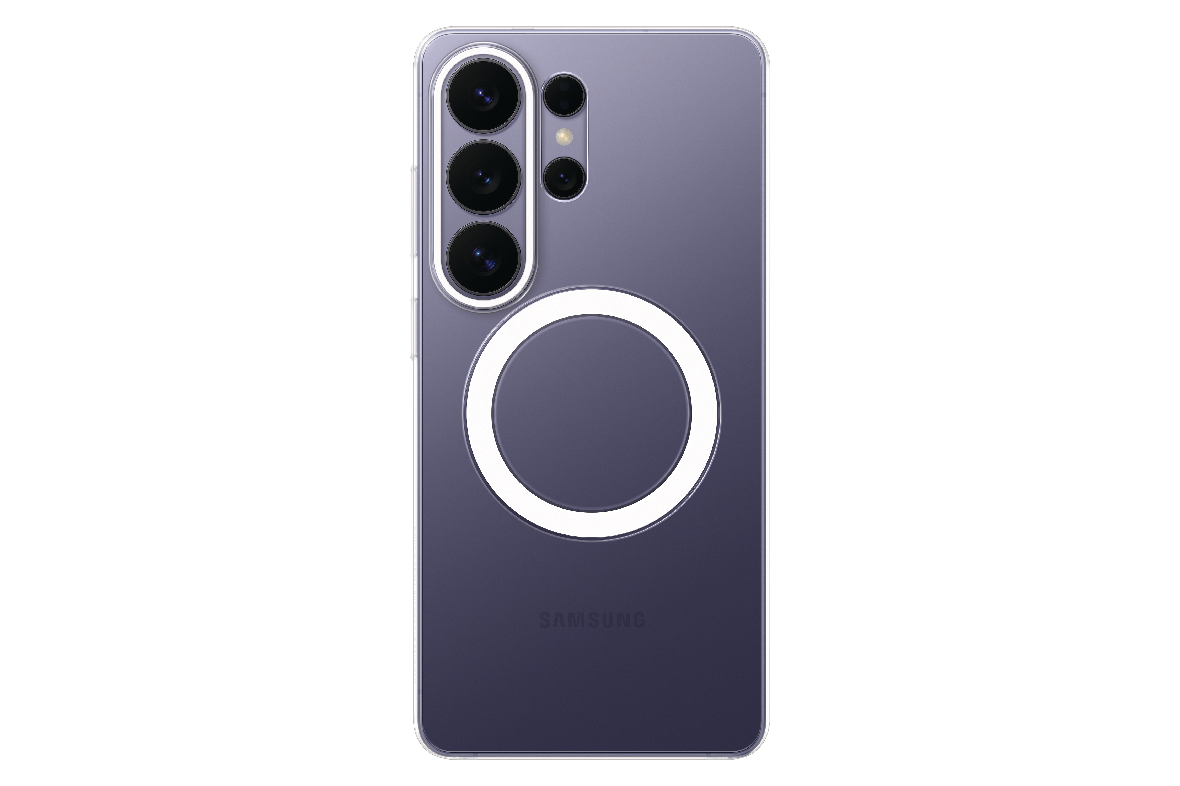 Lila Smartphone-Rückseite mit drei Kameras und einem kreisförmigen Ring.