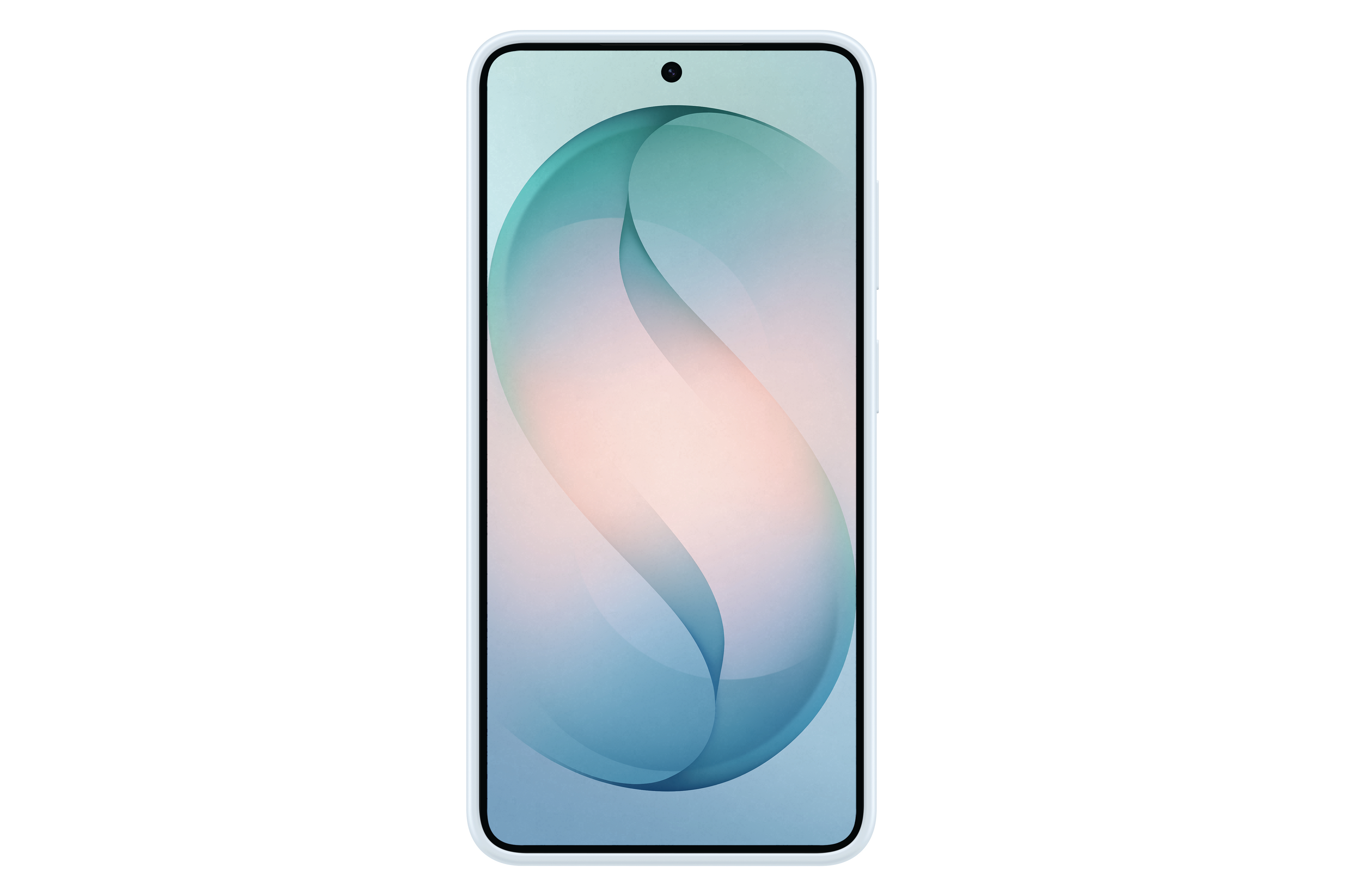Ein hellblaues Smartphone mit einem abstrakten Hintergrund auf dem Bildschirm.