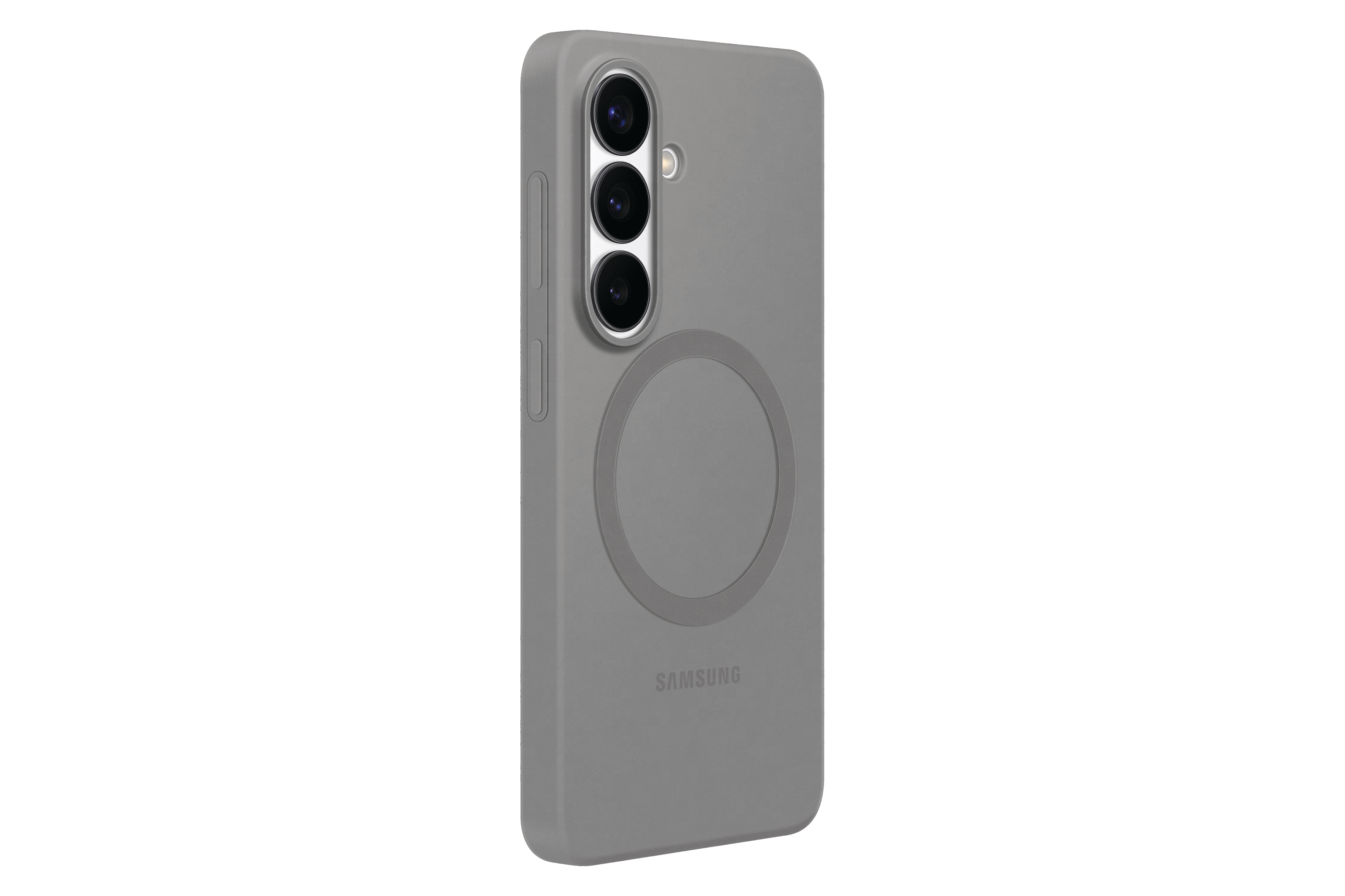 Graue Handyhülle mit drei Kameras und Magnetring. Samsung-Logo.
