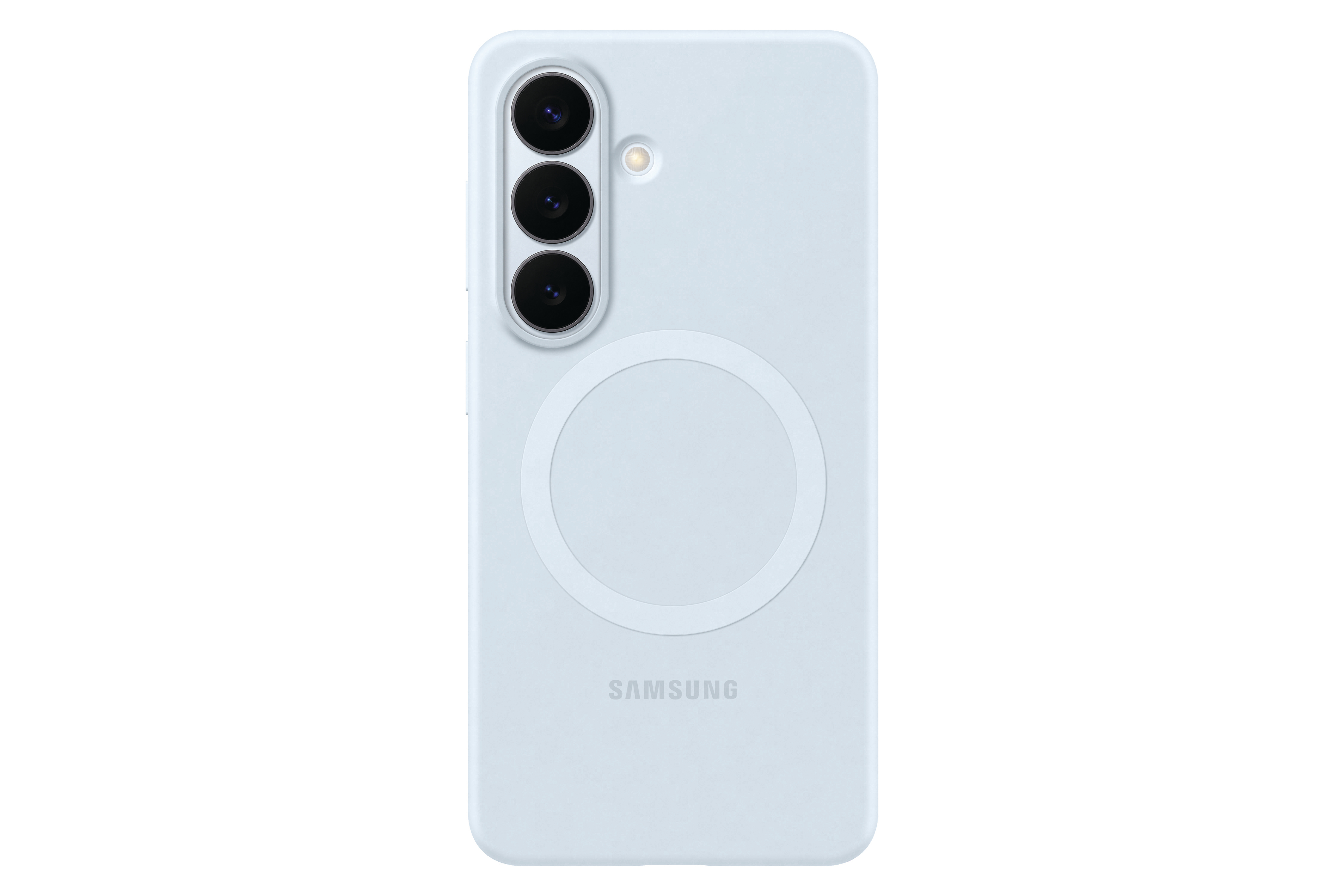 Rückseite eines hellblauen Samsung-Handys mit drei Kameras und einem Kreis.