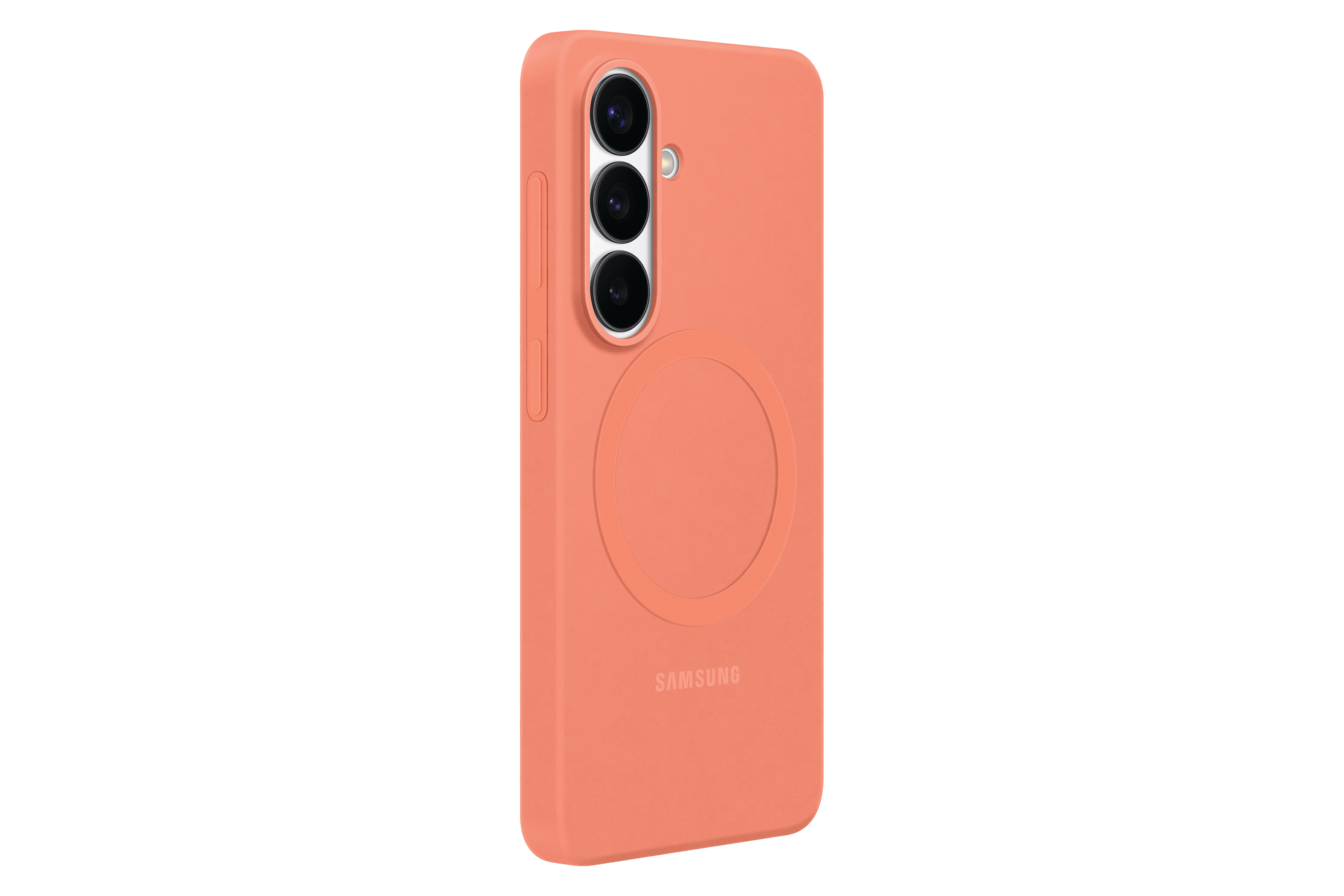 Korallenfarbene Handyhülle mit drei Kameralinsen und Samsung-Logo.