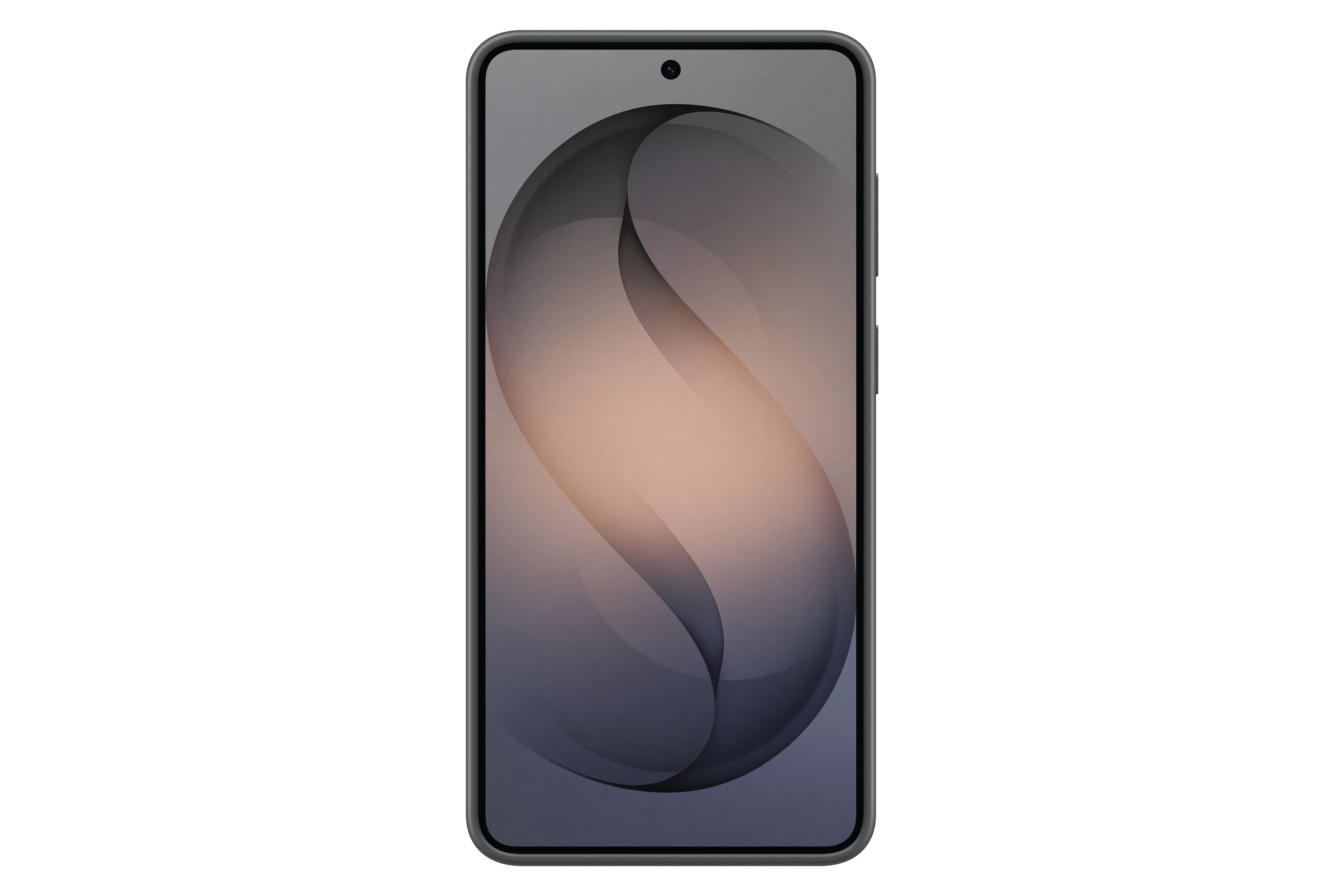 Ein dunkles Smartphone mit einem abstrakten, geschwungenen Hintergrundbild.