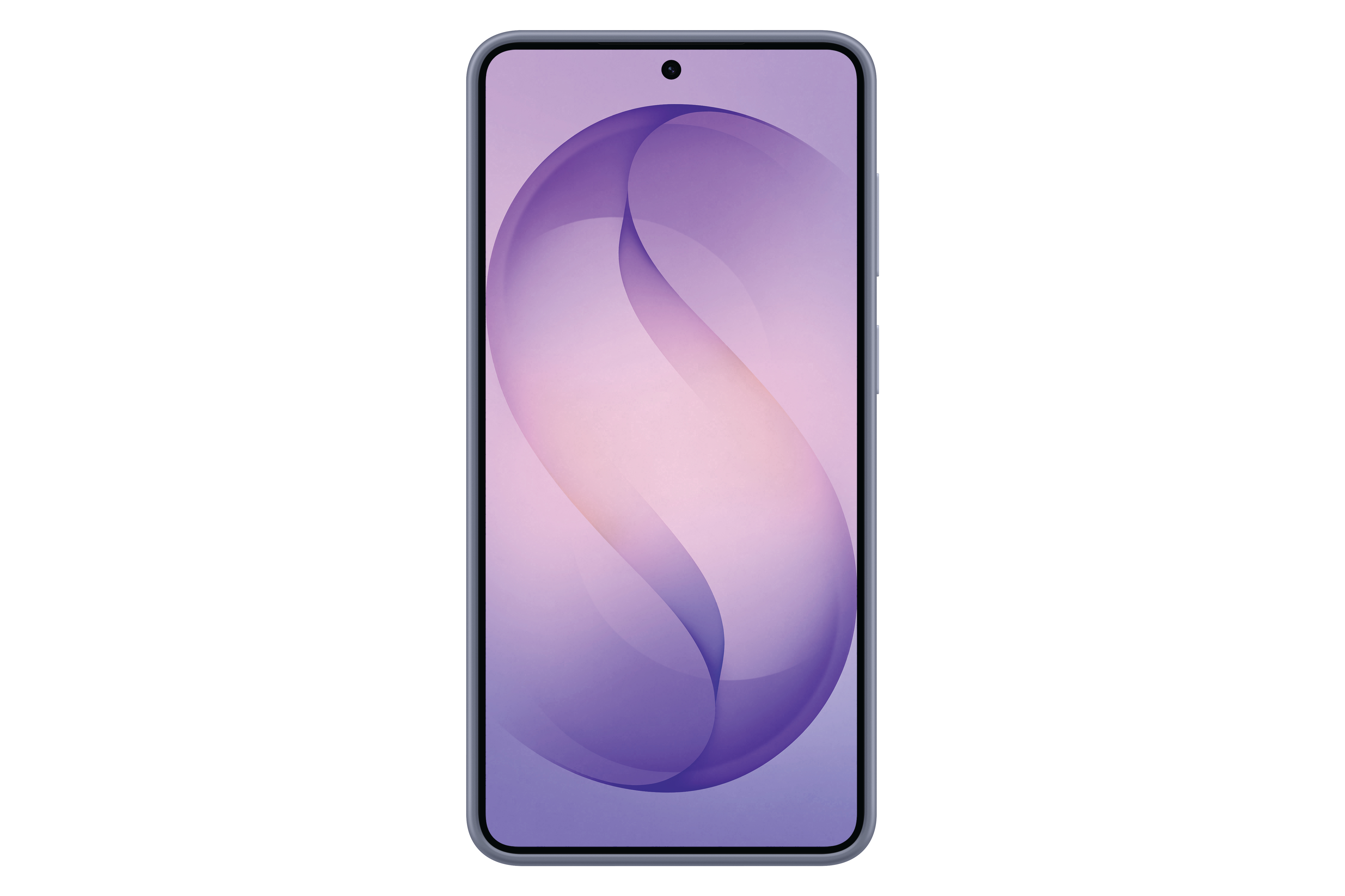 Ein schlankes Smartphone mit einem violetten Hintergrund und einem Loch für die Kamera.
