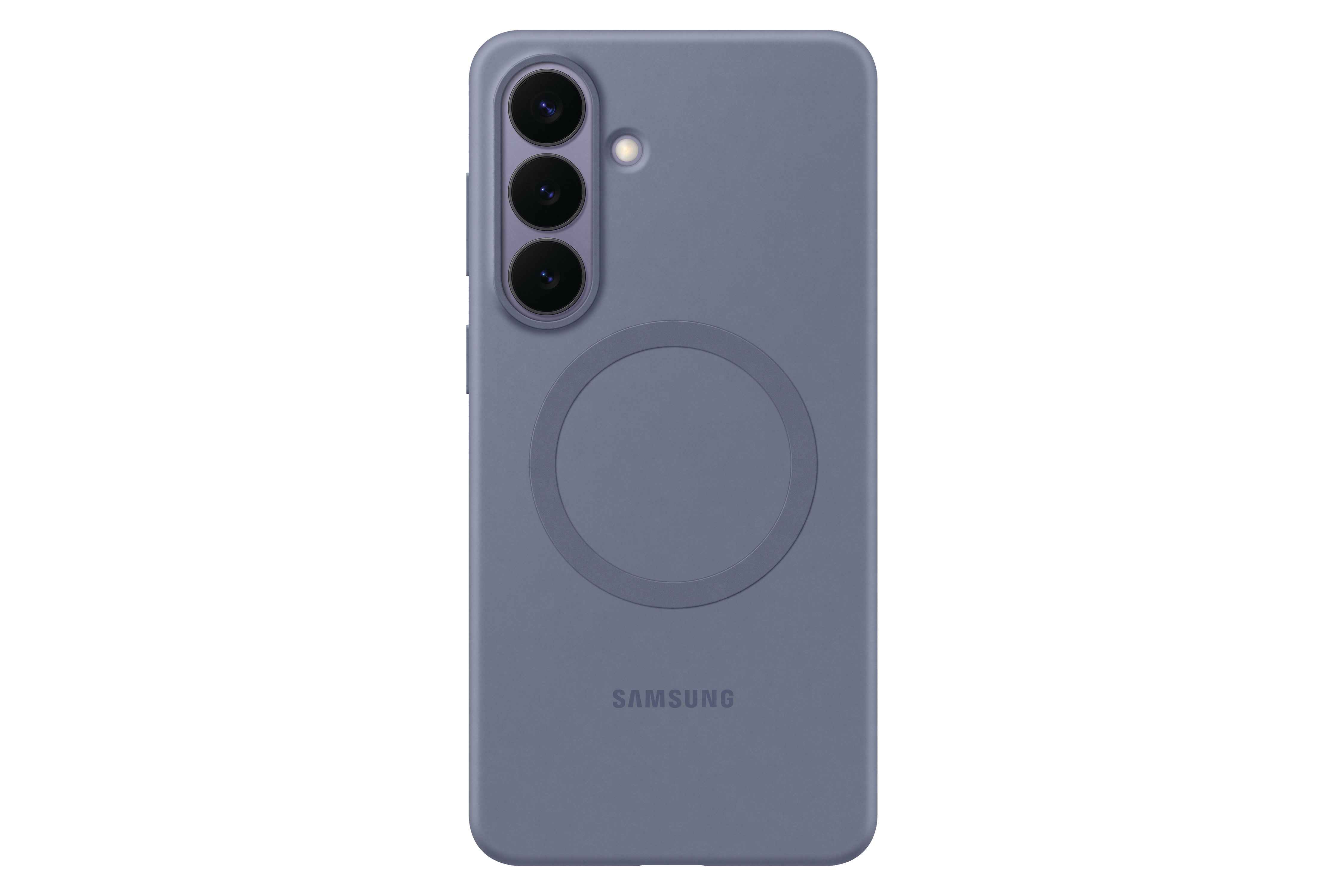 Rückseite einer lilafarbenen Handyhülle mit Kameramodul und "Samsung"-Logo.