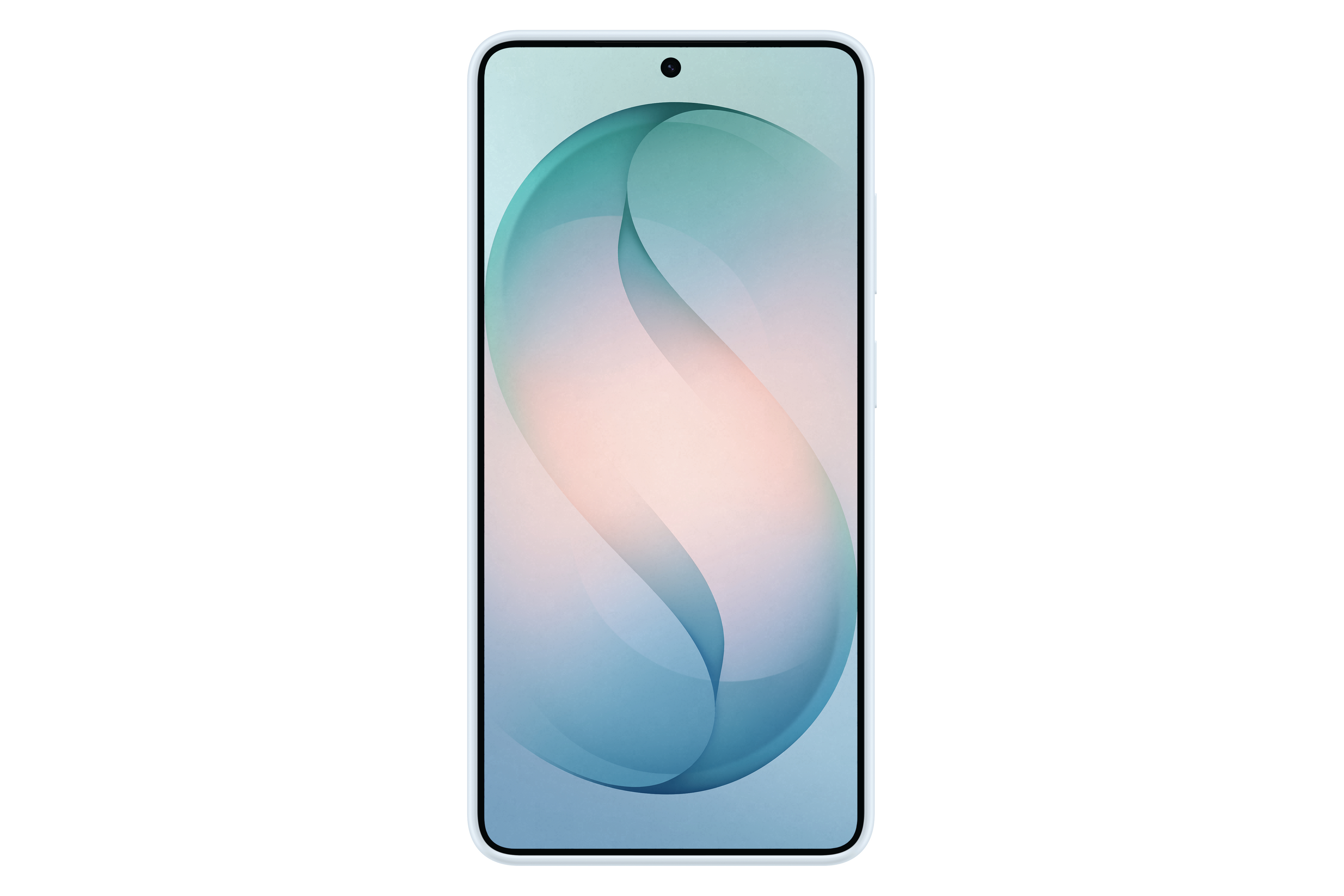Ein hellblaues Smartphone mit einem abstrakten Wellenmuster auf dem Bildschirm.
