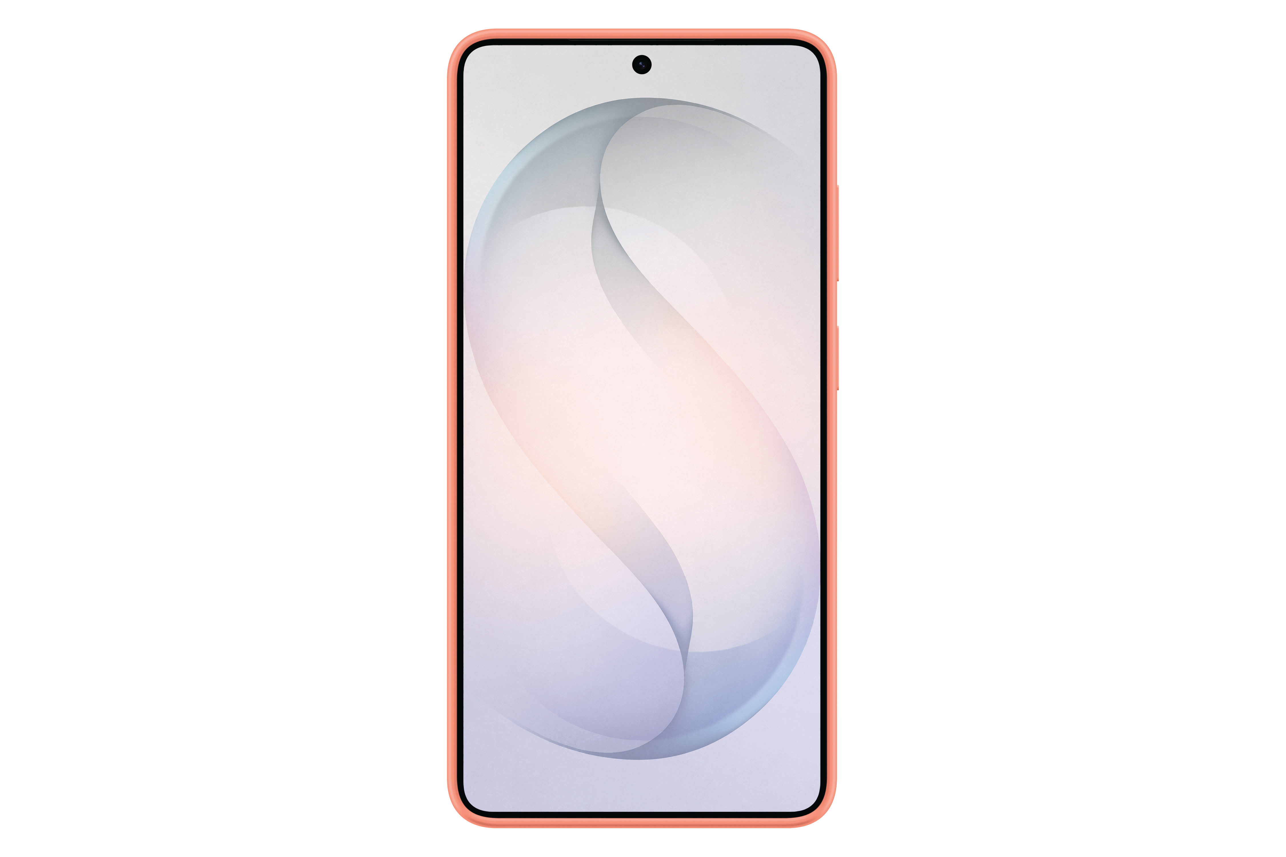 Ein Korallenfarbenes Smartphone mit einem abstrakten, hellen Hintergrund auf dem Bildschirm.