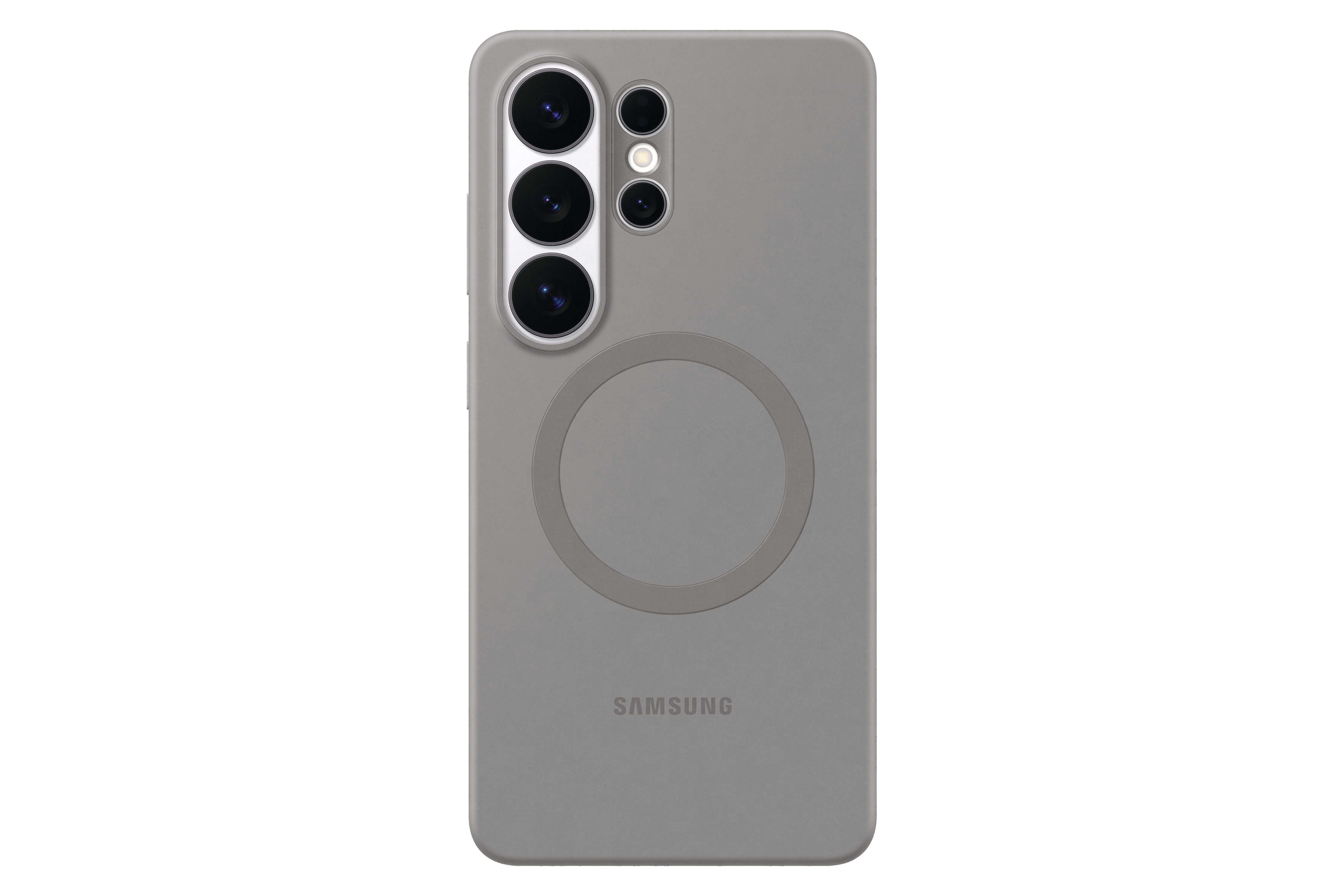Graue Handyhülle mit vier Kameras und Samsung-Logo.