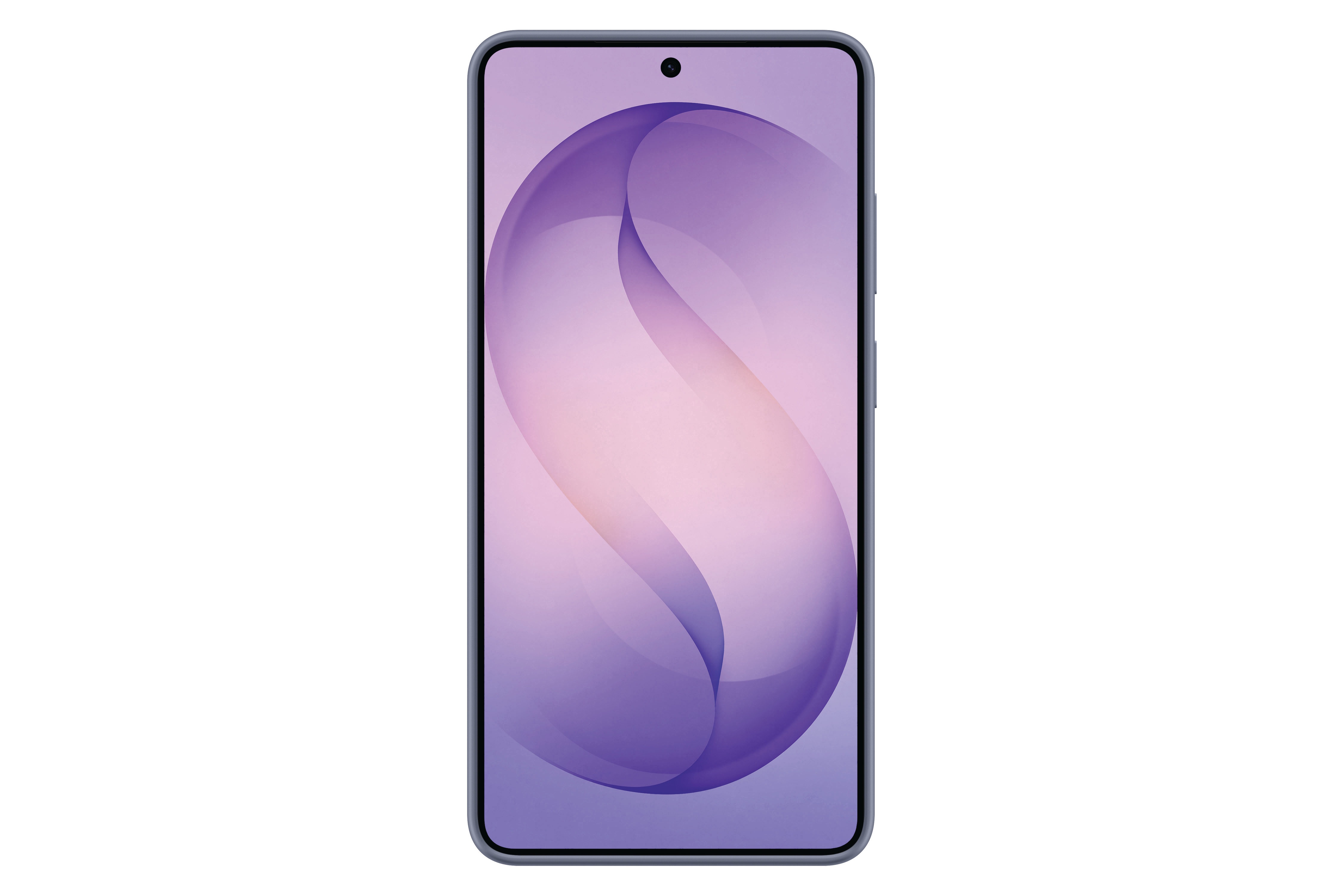 Ein graues Smartphone mit einem lila-rosa Wellenhintergrund.