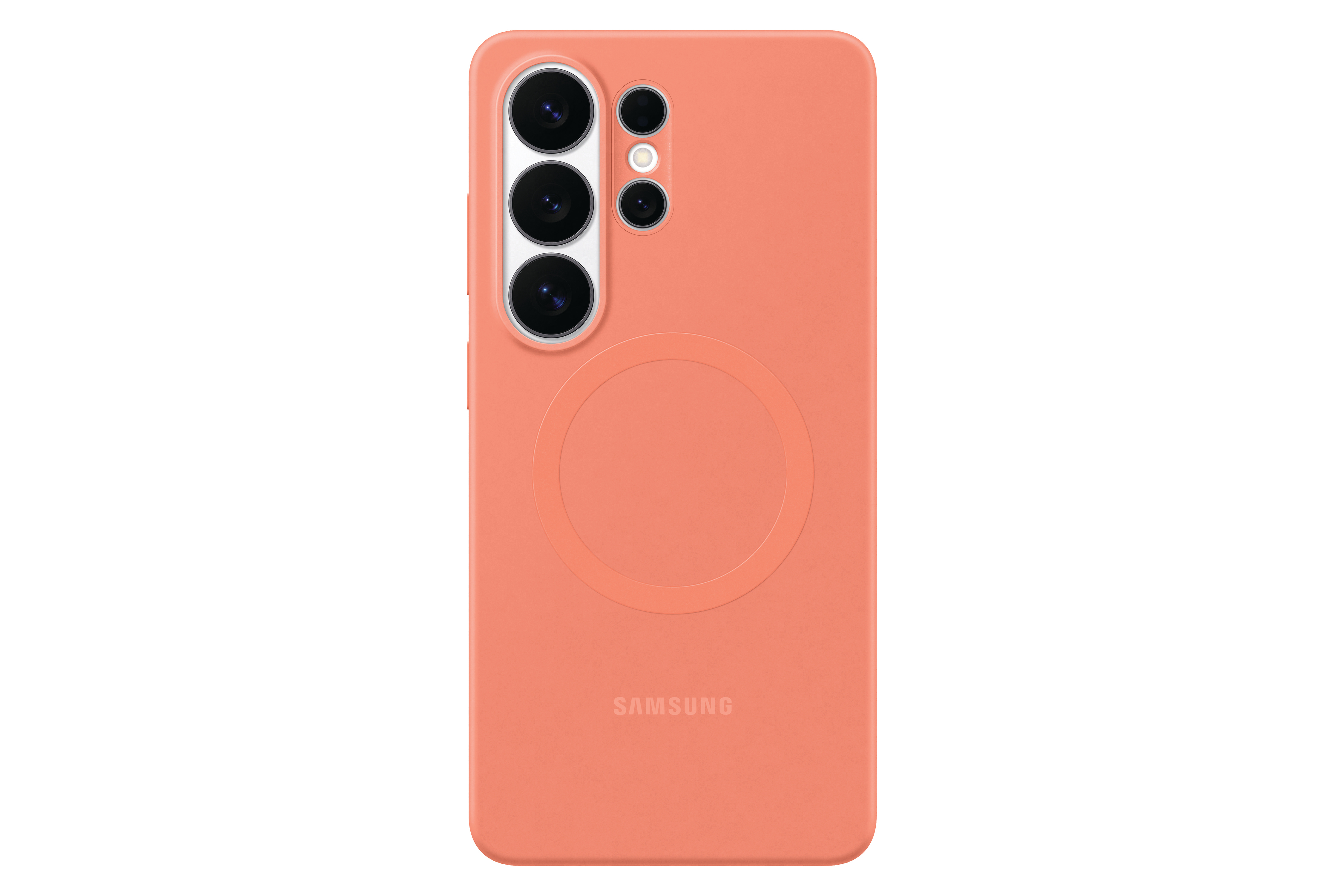 Eine Korallenfarbe Handyhülle mit Kameramodul und Samsung-Logo.