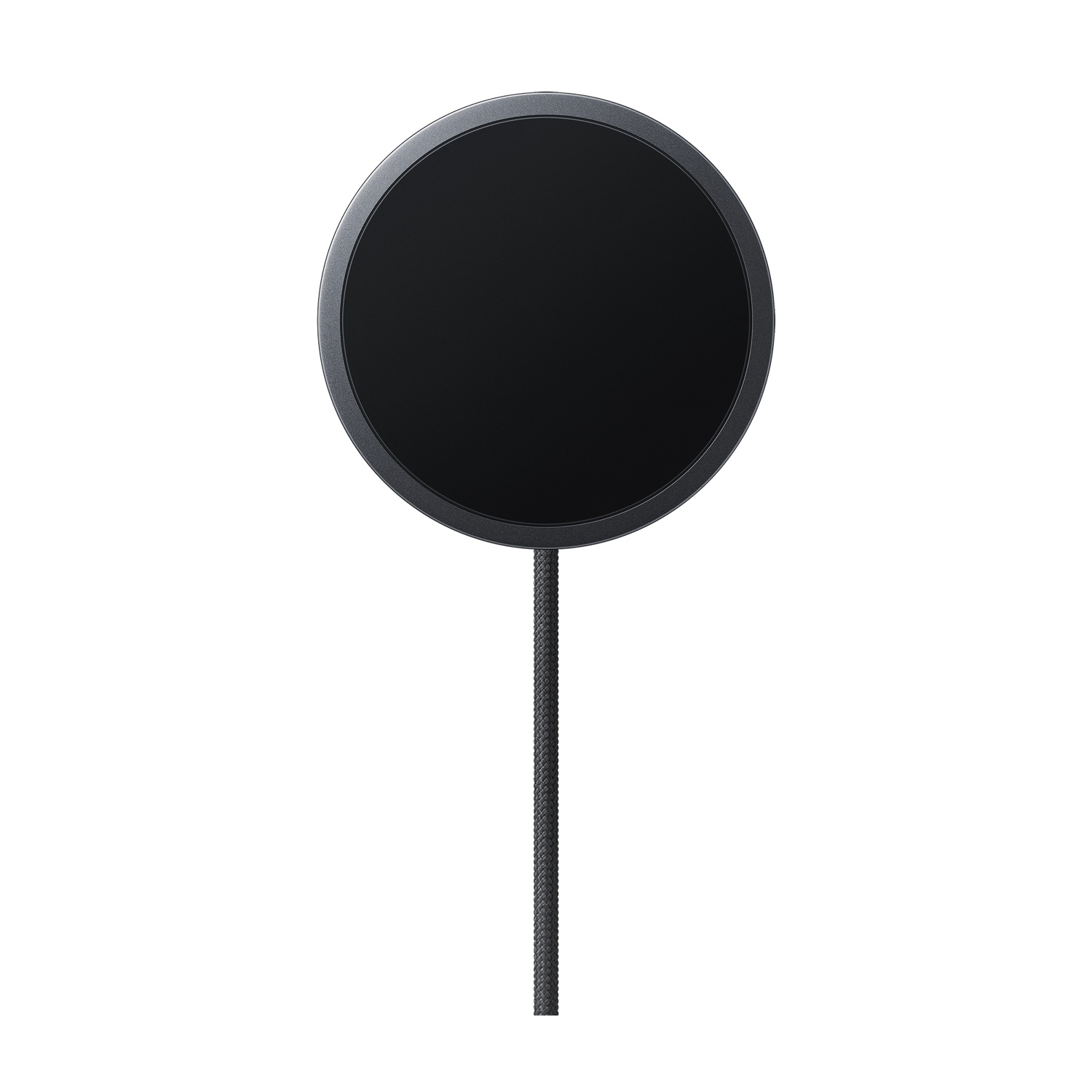 Un filtro anti-pop rotondo nero con cavo intrecciato su sfondo bianco.