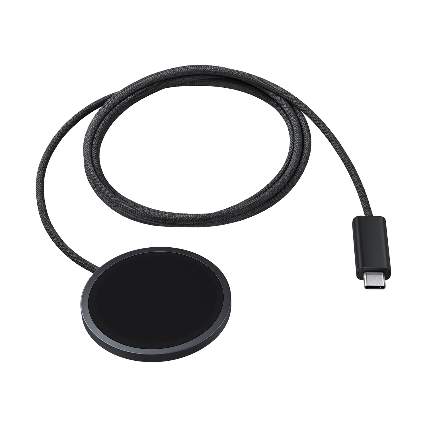 Cavo di ricarica nero con connettore USB-C e adattatore per pad di ricarica rotondo.
